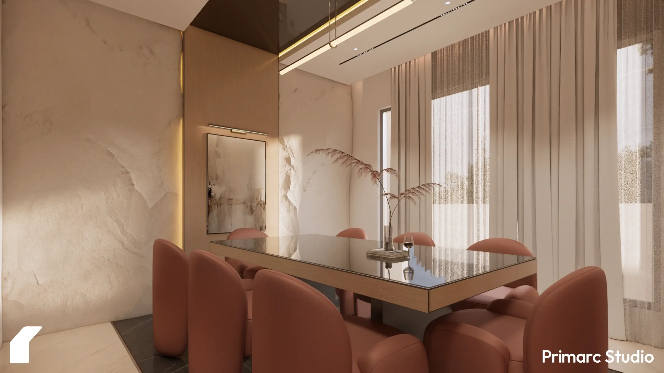 A wide perspective of the Canopy Villa dining room, showcasing an eight-seater modern table, sheer floor-to-ceiling curtains, and a sophisticated neutral material palette.