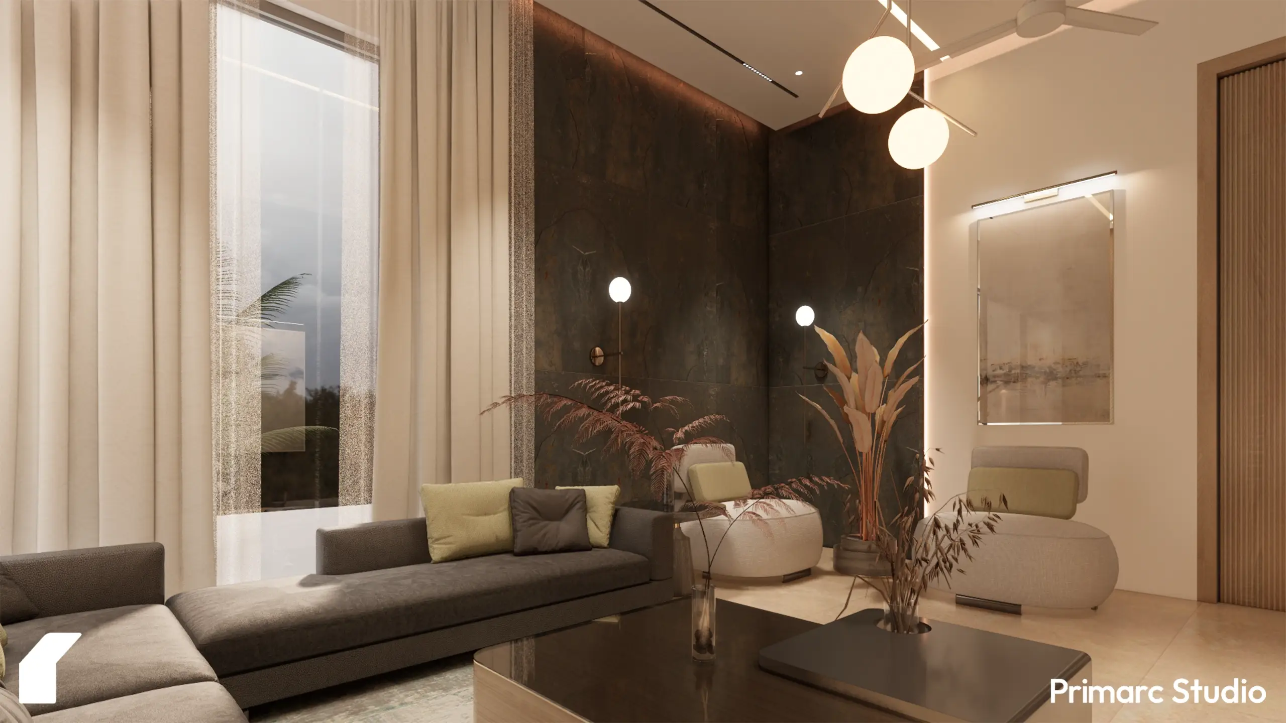 Luxury 1 Kanal drawing room design in DHA Phase 2, Islamabad, featuring double-height ceilings, a large curved sofa, and a dark textured feature wall.