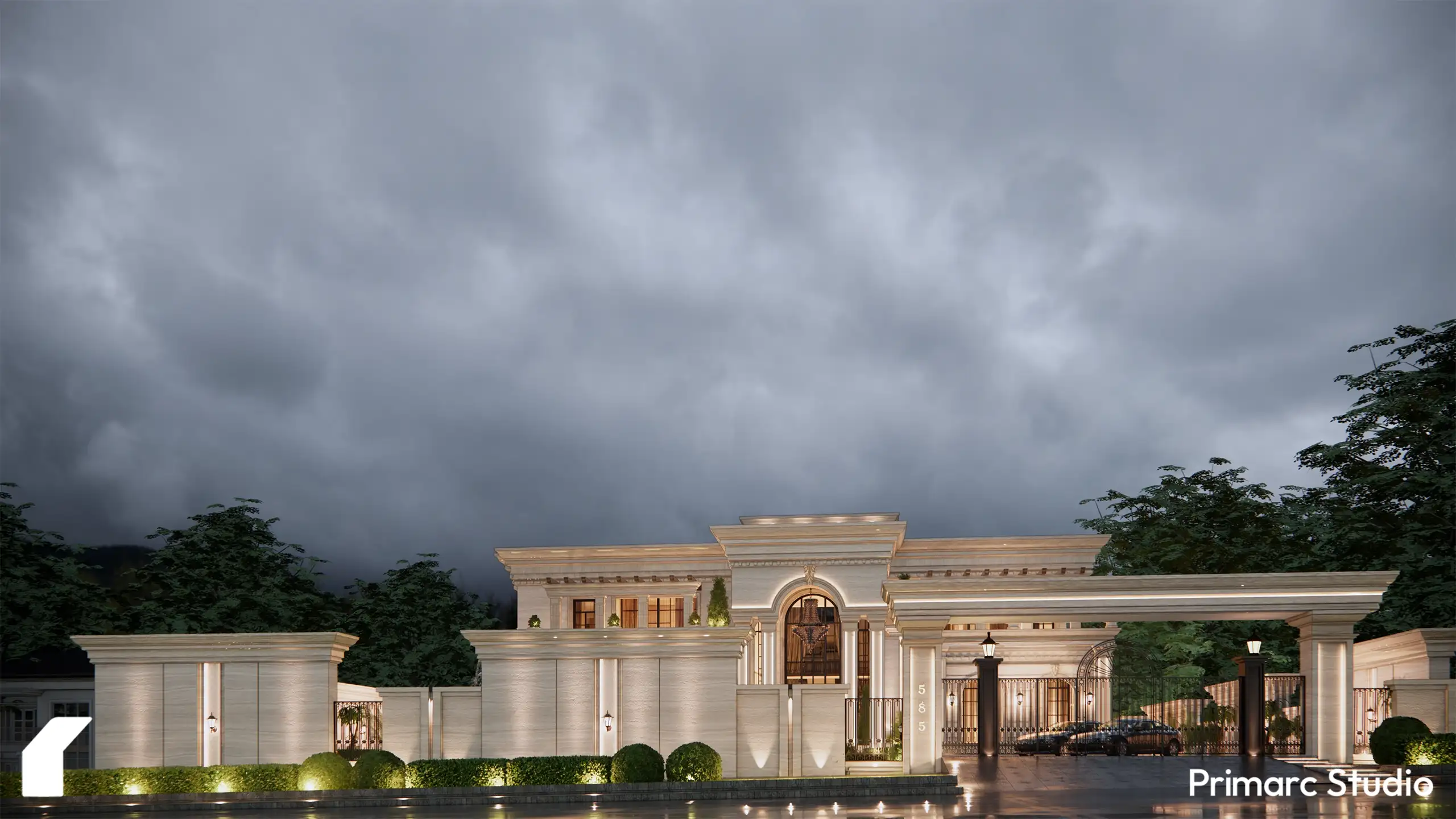 Wide landscape view of a classical farmhouse entrance gate and car porch with a seamless stone canopy and elegant wrought iron detailing.