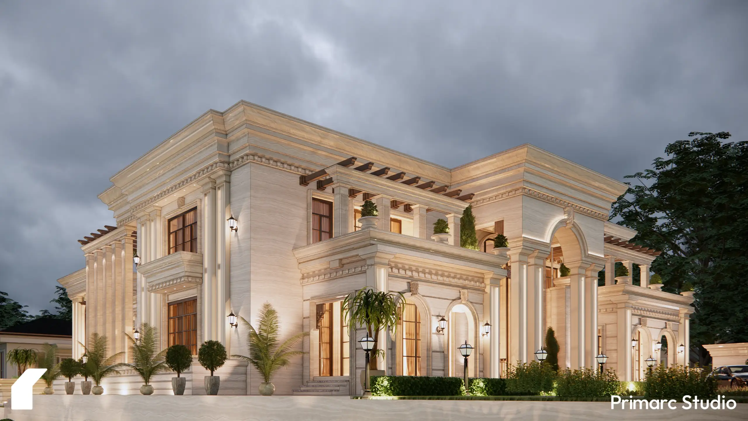 Angled architectural render of a luxury classical farmhouse featuring multi-level stone terraces, decorative pergolas, and symmetrical arched windows.