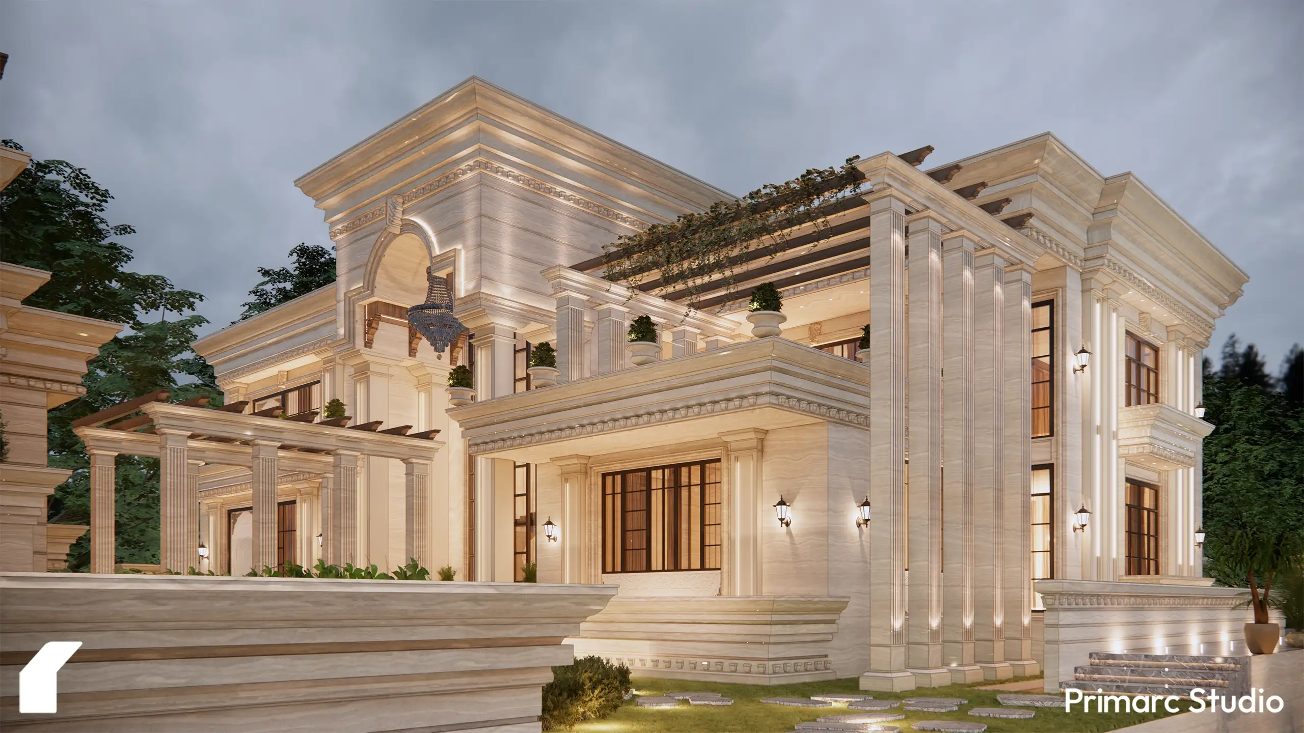 Side view of a premium classical farmhouse at night, showcasing illuminated travertine walls, grand columns, and a sleek black car on a wet-look driveway.