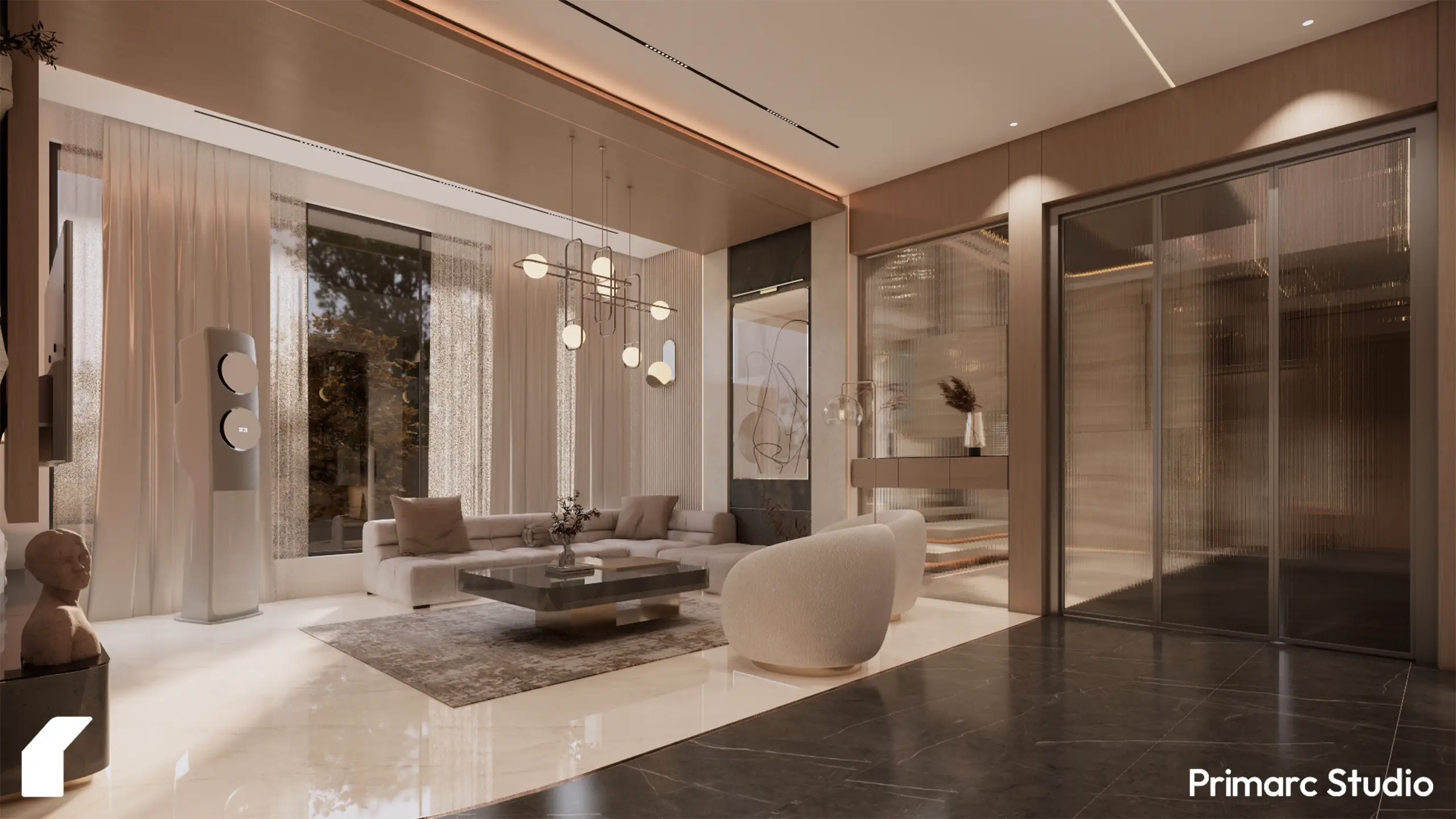 Luxury 1 Kanal drawing room interior in DHA Phase 2 Islamabad, featuring a double-height ceiling, curved sectional sofa, and dark stone feature wall.