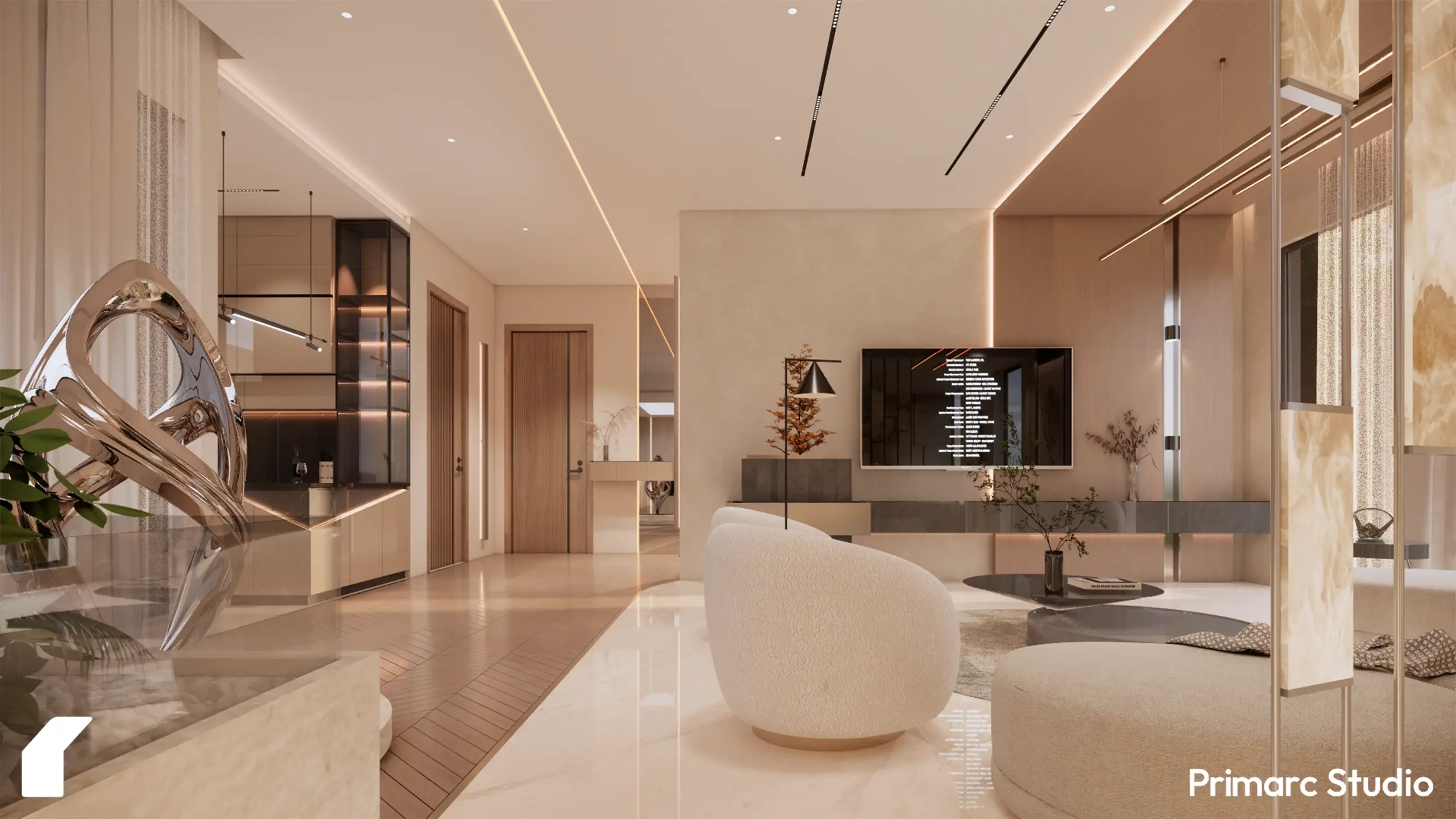 Modern 1 Kanal house main lobby design in DHA Phase 2, Islamabad, featuring a contemporary TV lounge, sculptural art, and minimalist architectural lighting.