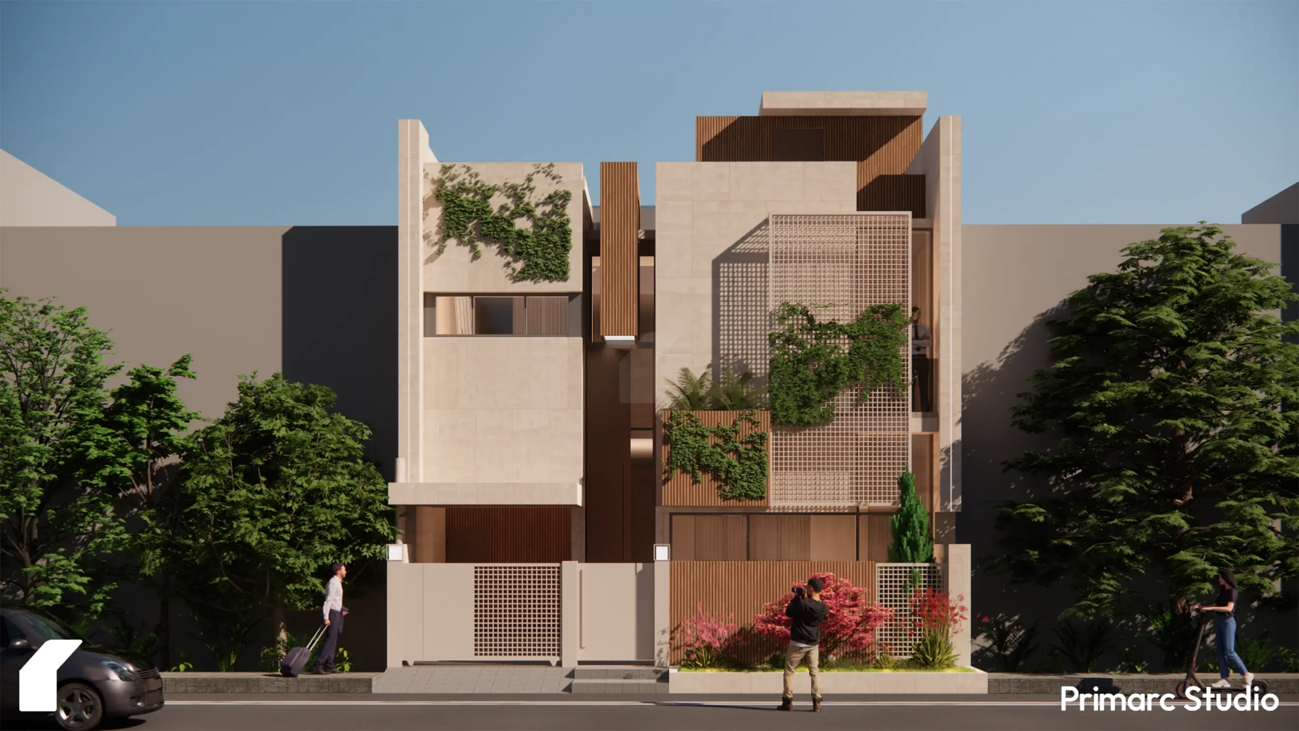 The front elevation of Farman House, highlighting the interlocking box volumes, white metal jali screens, and balanced use of wood and stone textures.