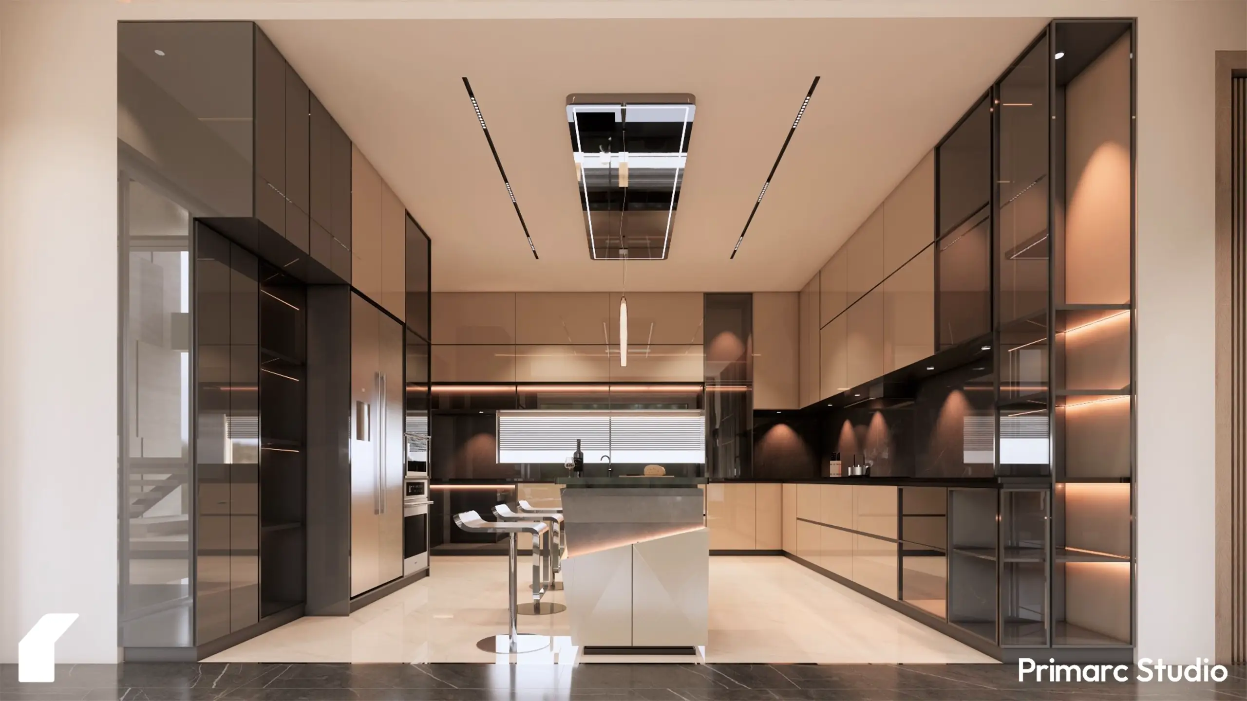 Luxury 1 Kanal drawing room interior in DHA Phase 2 Islamabad, featuring a double-height ceiling, curved sectional sofa, and dark stone feature wall.