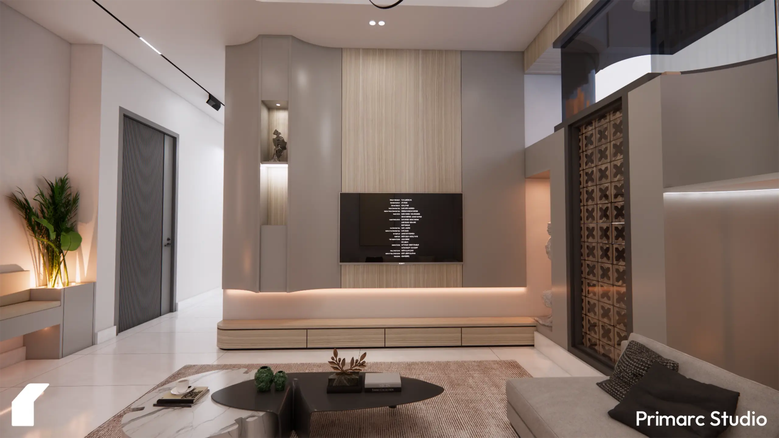 A close-up of the media wall at A&F House, showcasing the contrast between smooth gray panels and vertically grooved wood textures.