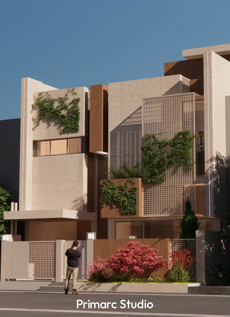 A vertical street-view perspective of a contemporary 7-marla house biophilic facade detail design featuring a perforated white screen and lush entrance landscaping in Rawalpindi.