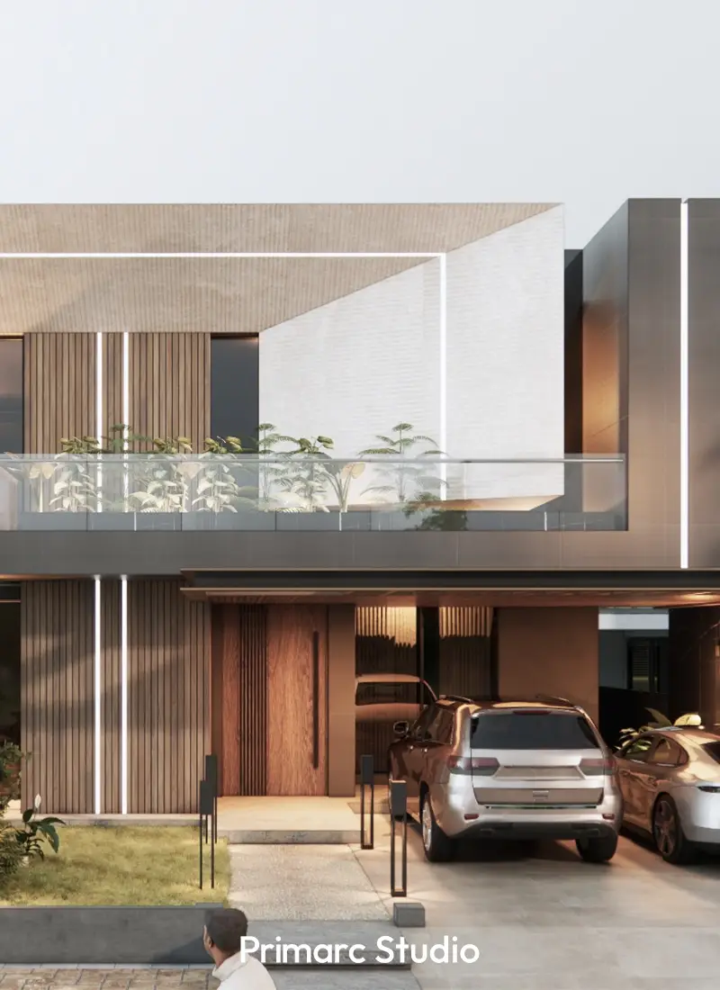 Modern car porch design for a luxury house in DHA Phase 5 featuring wood-textured ceilings and integrated lighting.