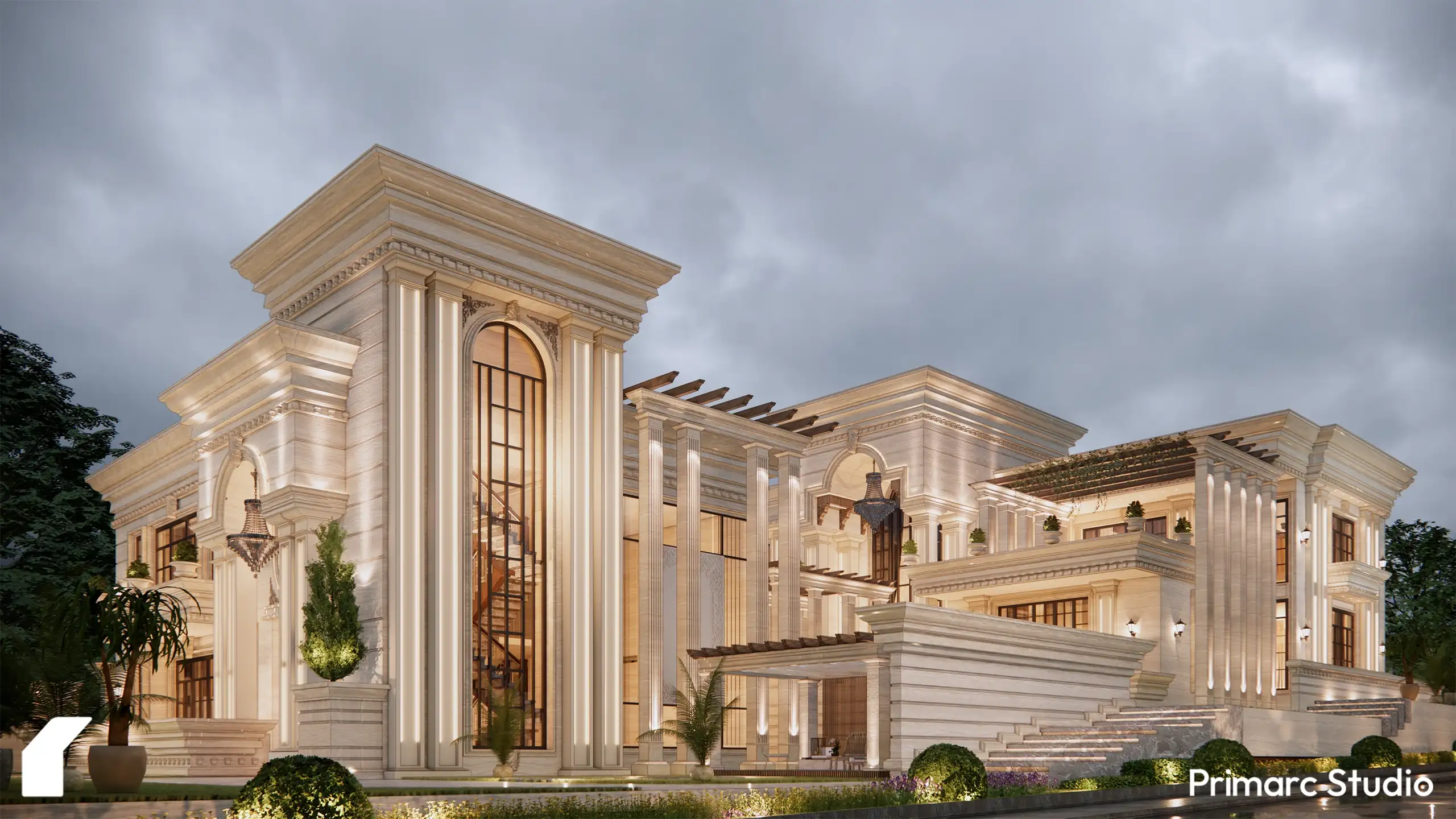 Side elevation of a modern classical farmhouse featuring grand floor-to-ceiling arched windows, stone pergolas, and a multi-level terrace design.