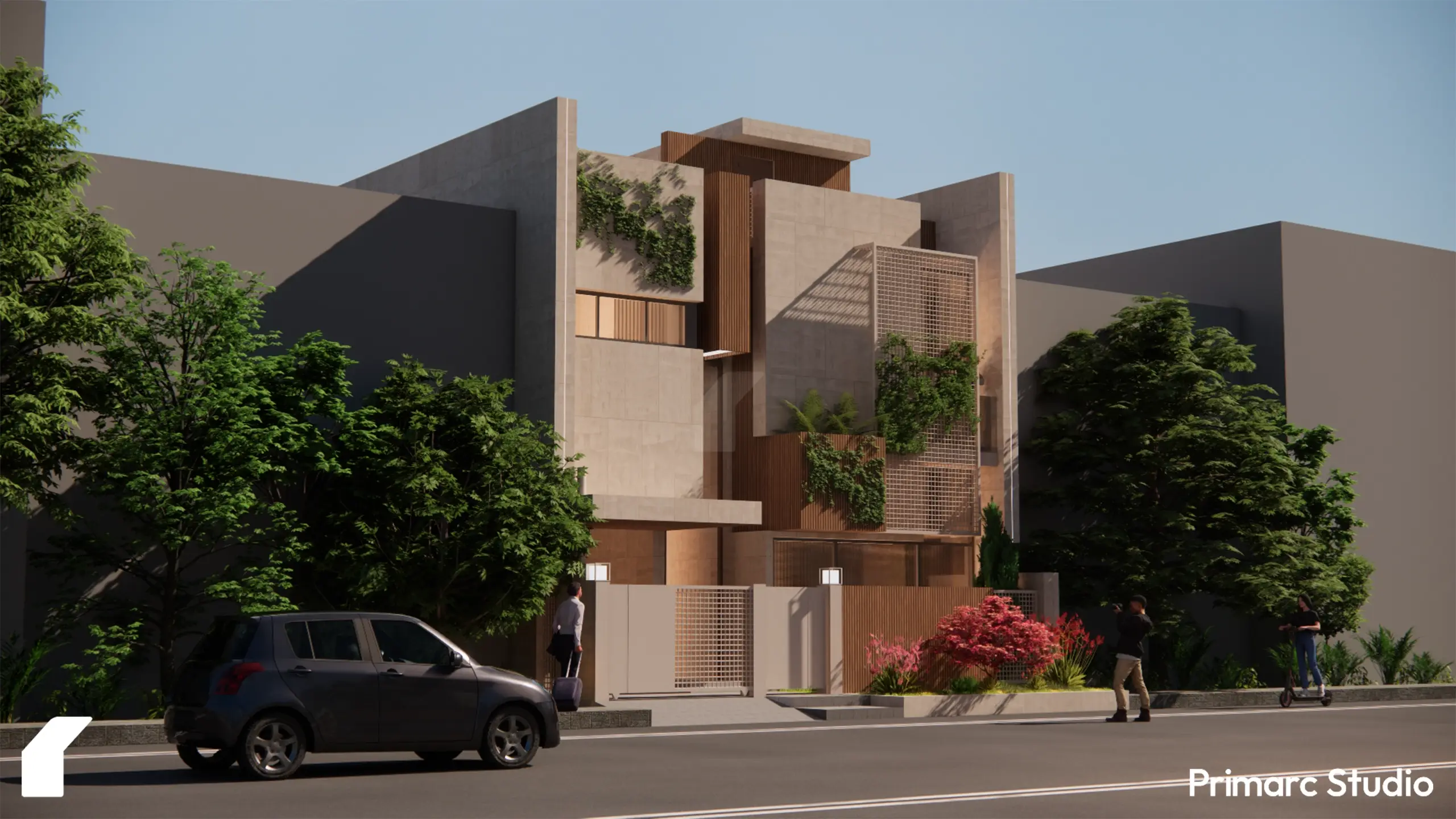A perspective view showing the architectural depth of the 7 marla house, featuring cantilevered slabs and a mix of open and screened balconies.