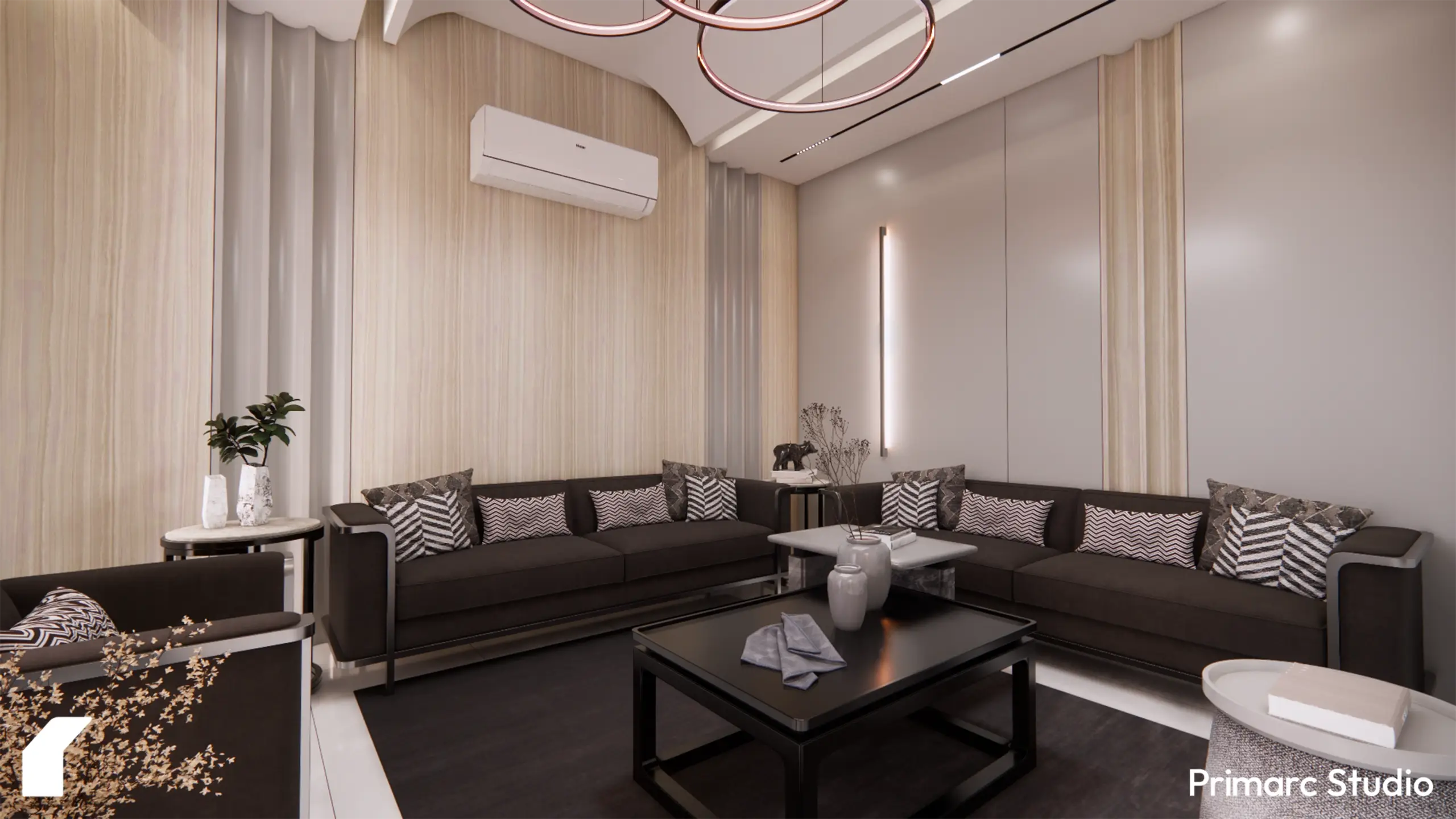 A contemporary drawing room featuring a dark sectional sofa, light wood-textured wall panels, and a minimalist black coffee table in B-17.