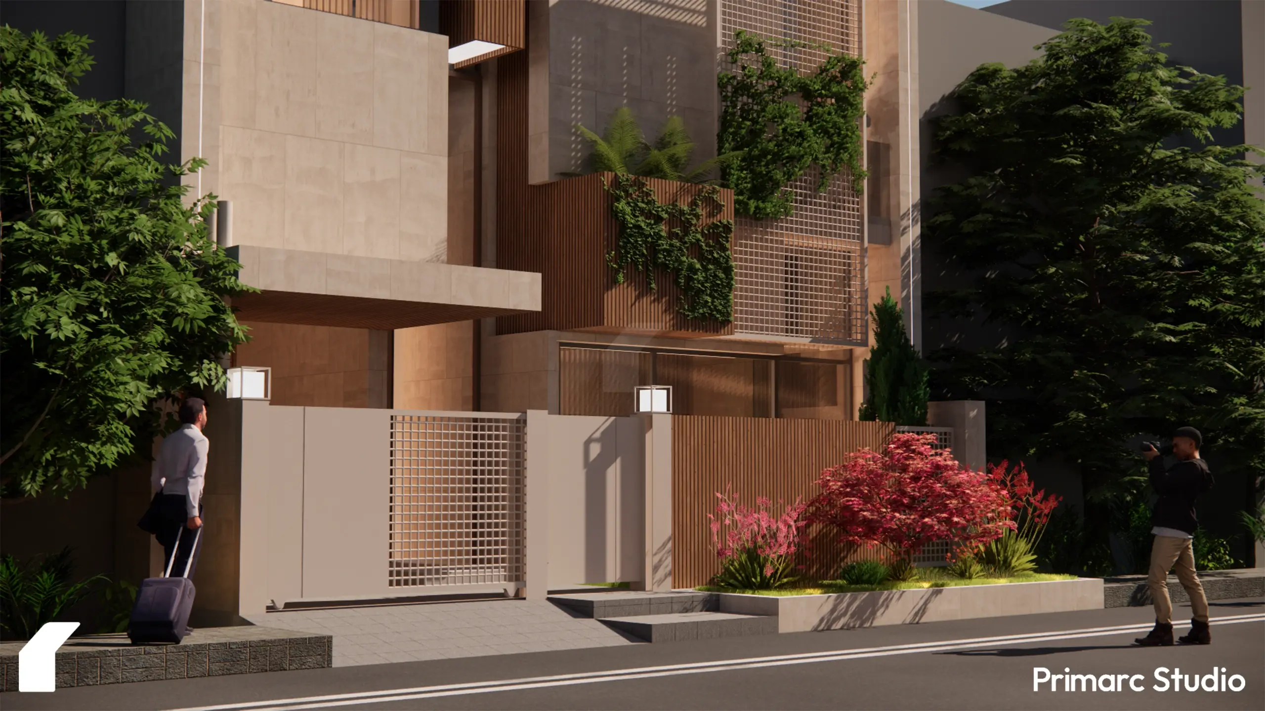 A detailed view of the ground floor entrance, featuring a minimalist gray gate, linear facade lighting, and vibrant red floral landscaping.