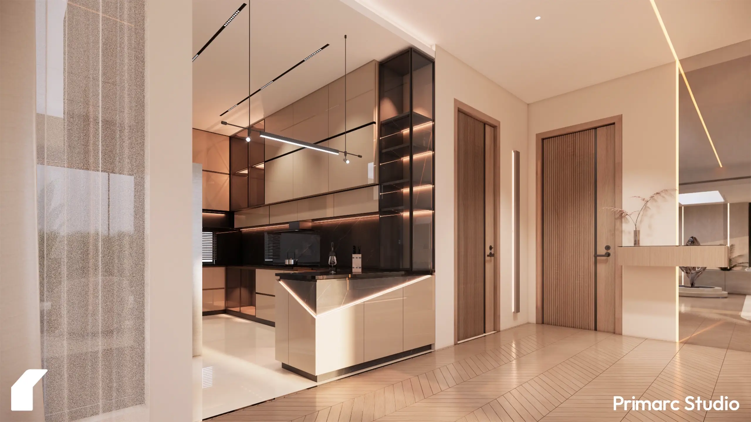 Luxury 1 Kanal drawing room interior in DHA Phase 2 Islamabad, featuring a double-height ceiling, curved sectional sofa, and dark stone feature wall.