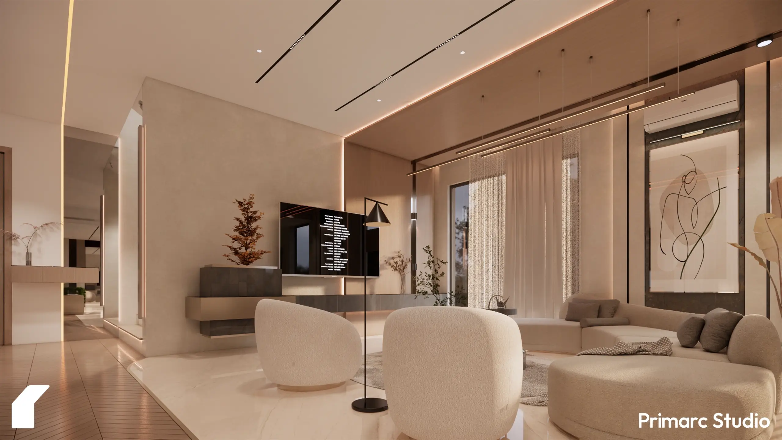 Modern 1 Kanal house interior perspective in DHA Phase 2, Islamabad, featuring an open-plan lounge with architectural linear lighting and minimalist neutral decor.