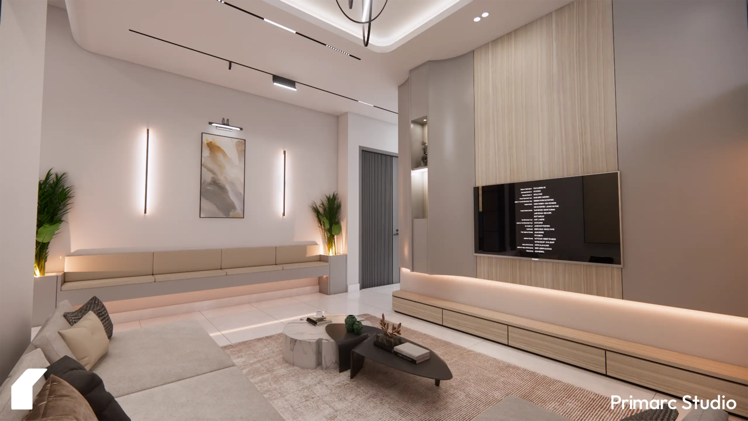 A wide view of the living area showing integrated bench seating along a white wall, leading toward the modern TV lounge and main hallway.