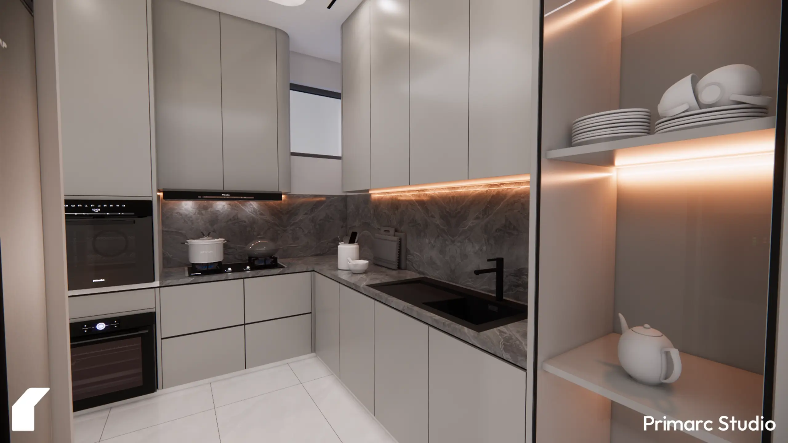A minimalist beige kitchen featuring handle-less cabinetry, dark marble backsplashes, and warm under-cabinet LED strip lighting.
