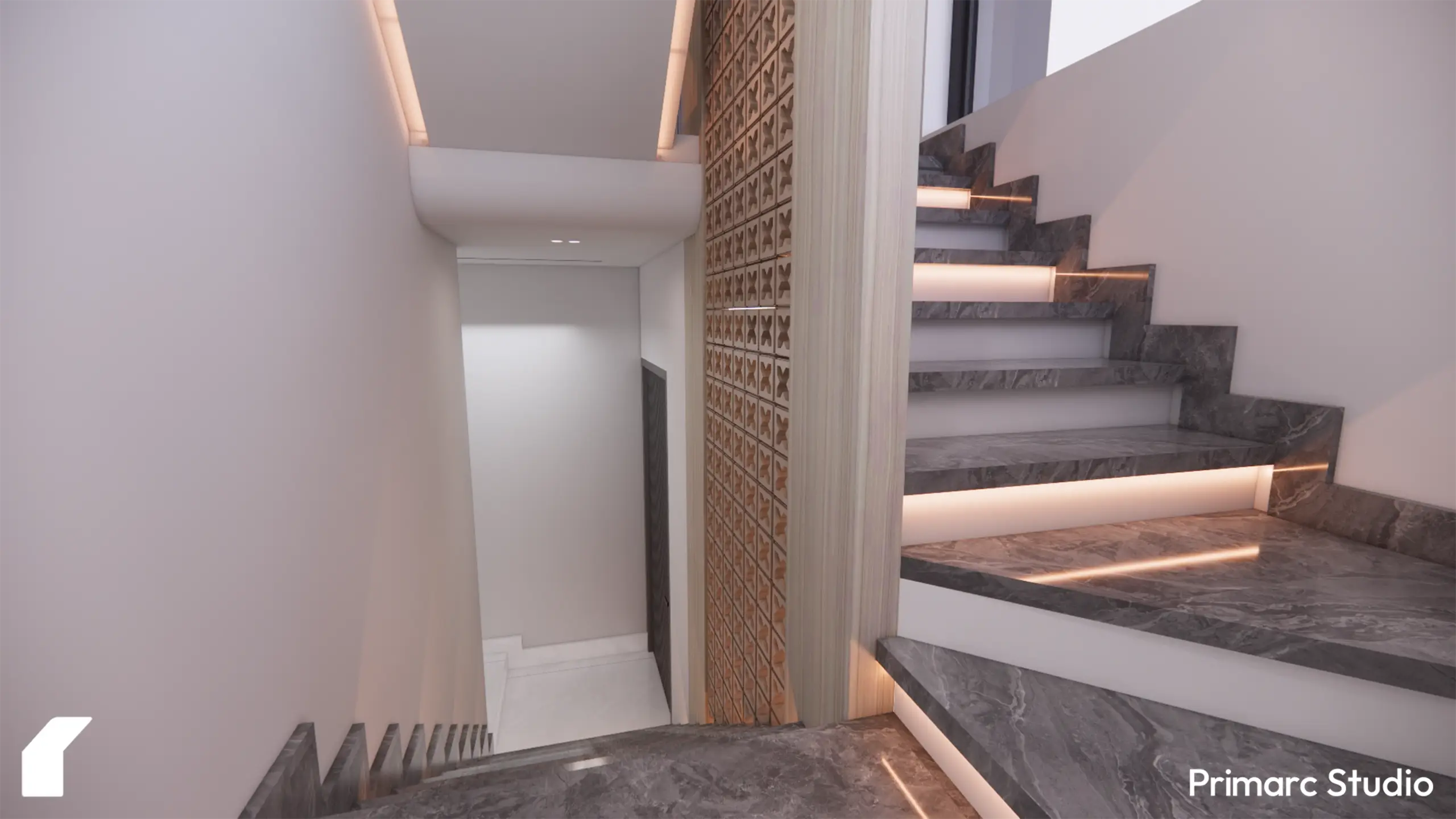 View from the stairs, showing the modern marble treads and the decorative concrete breeze blocks.