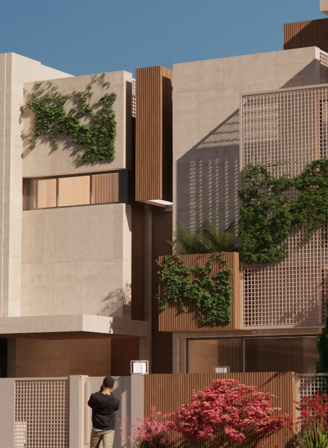 A close-up of the Farman House facade in Faisal Margalla City, showing vertical wooden slats integrated with climbing green plants and stone-textured wall panels.