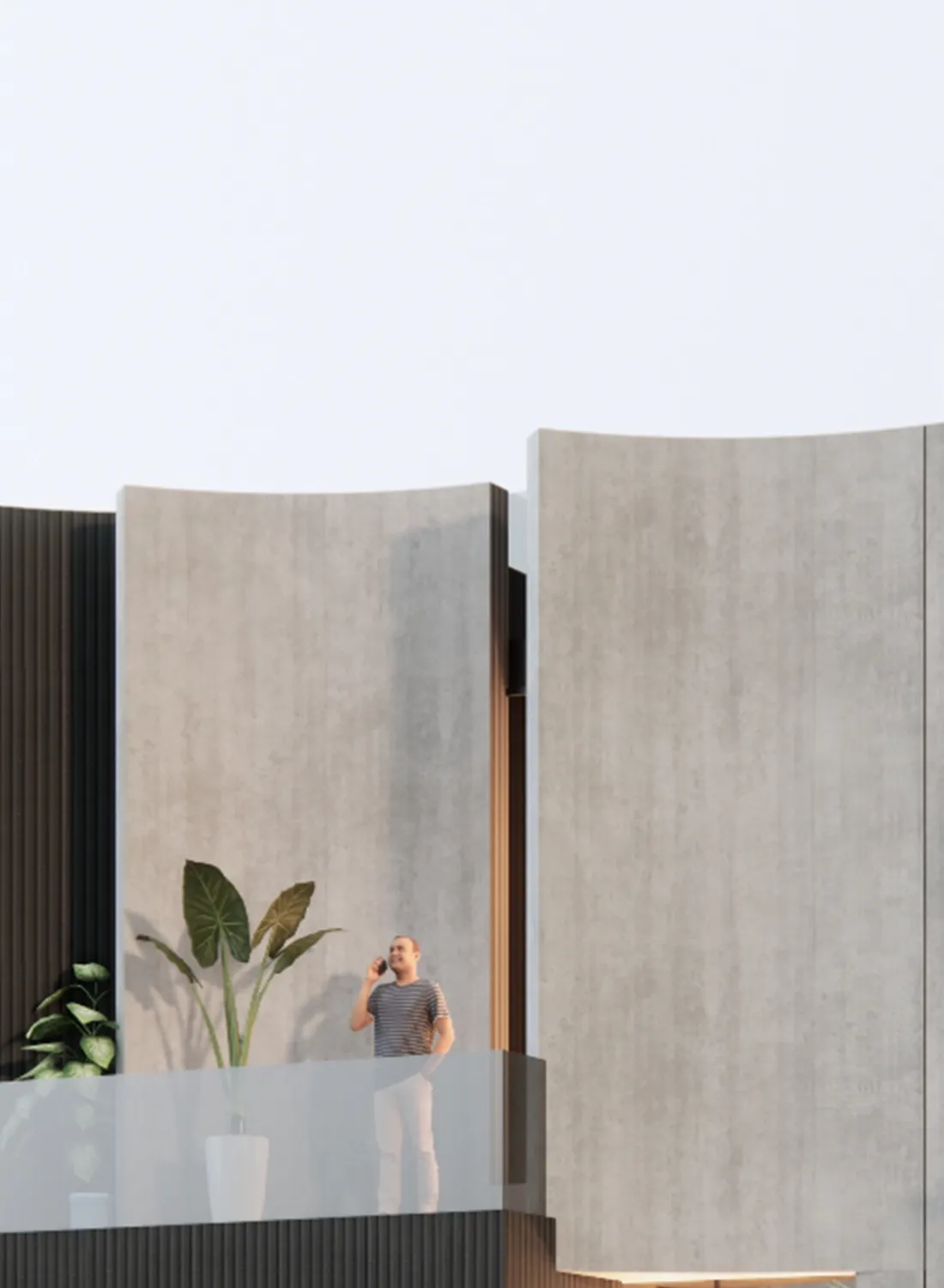 Architectural portfolio view of a 10 Marla modern hybrid house elevation in DHA Islamabad with sleek wood and concrete finishes.