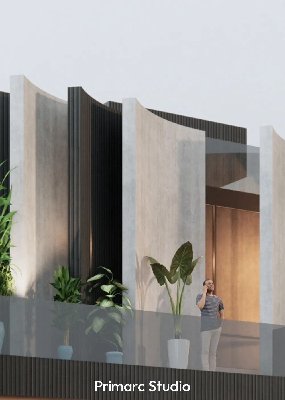 Close-up architectural detail of a modern hybrid house elevation in DHA Islamabad highlighting the unique curved facade and balcony design.