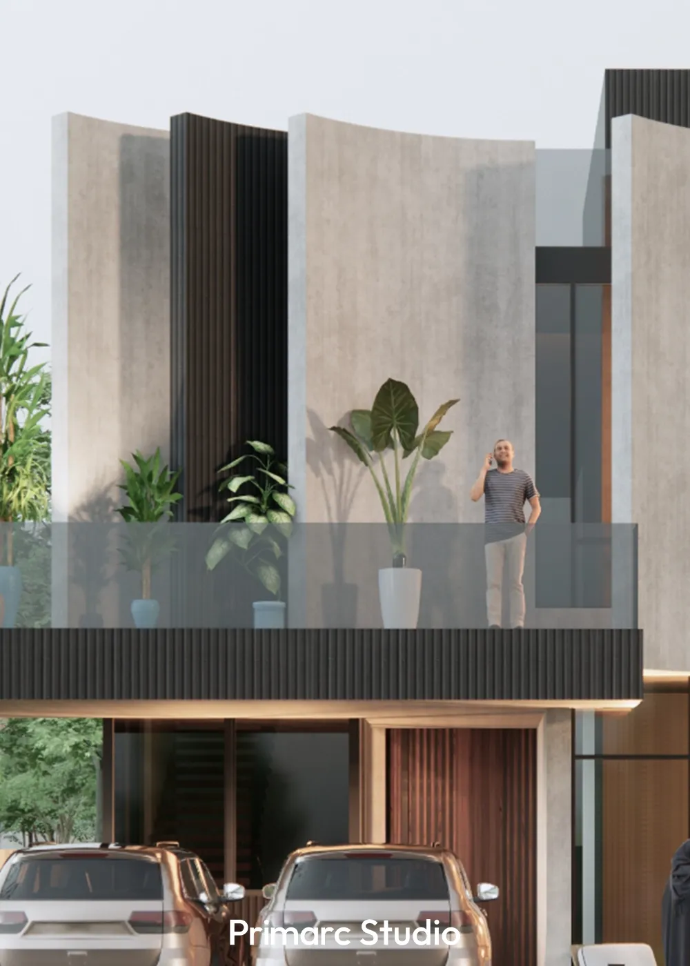 Balcony view of a modern hybrid house elevation in DHA Islamabad featuring minimalist glass railings and biophilic elements.