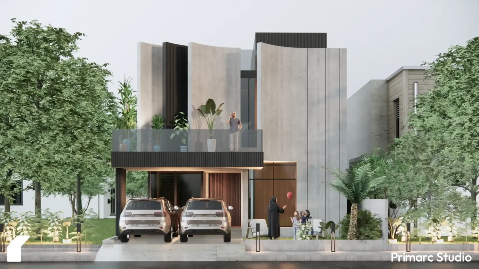 A front view of a modern hybrid house elevation in DHA Islamabad featuring curved concrete walls and vertical wooden louvers.