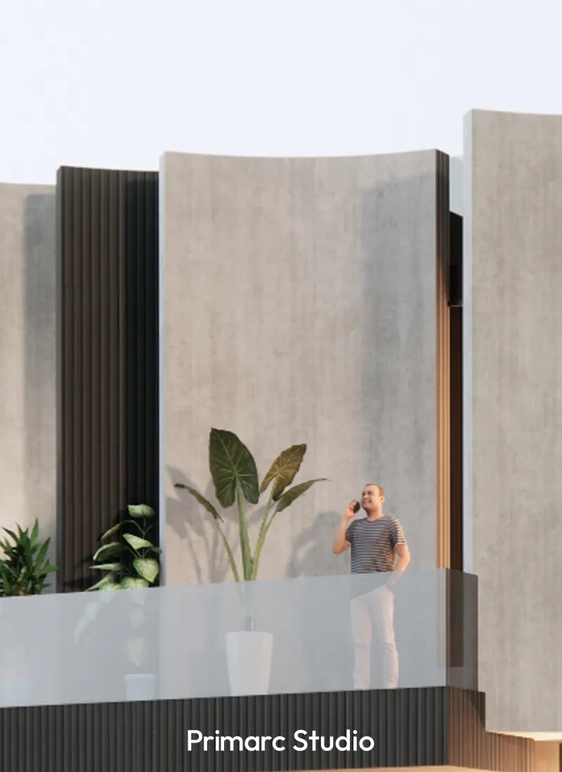 Vertical detail of a modern hybrid house elevation in DHA Islamabad showing curved concrete walls and biophilic terrace plants.