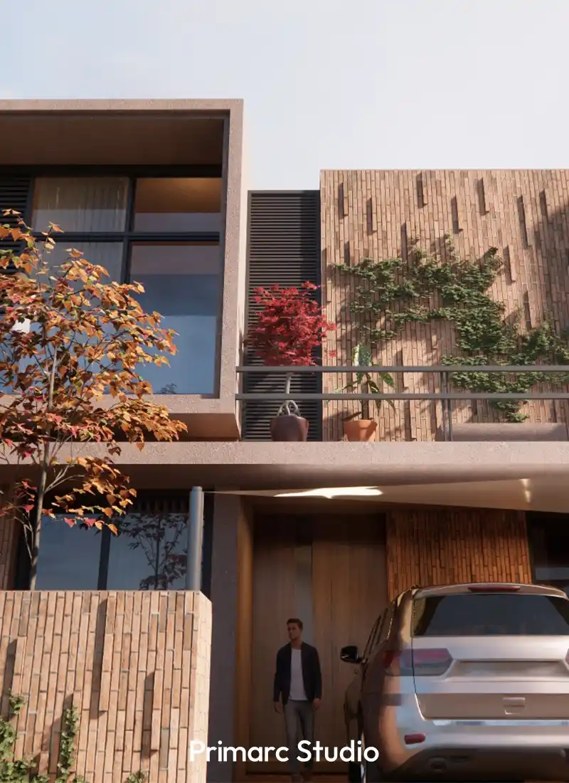 Front entrance of a modern luxury house in Islamabad with a textured brick facade and shaded double carport.