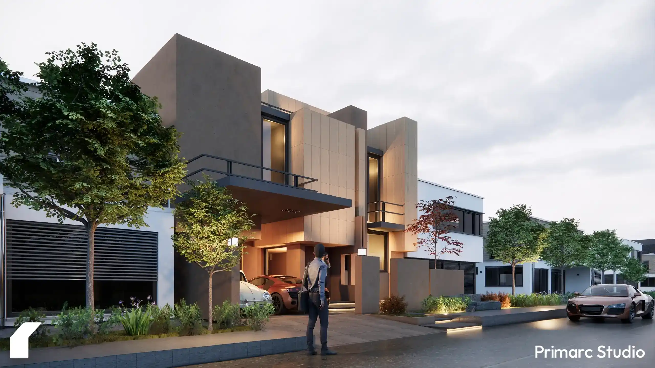 Wide street perspective of a modern luxury house in B-17 Islamabad, highlighting the contrast between beige stone and dark grey structural frames.