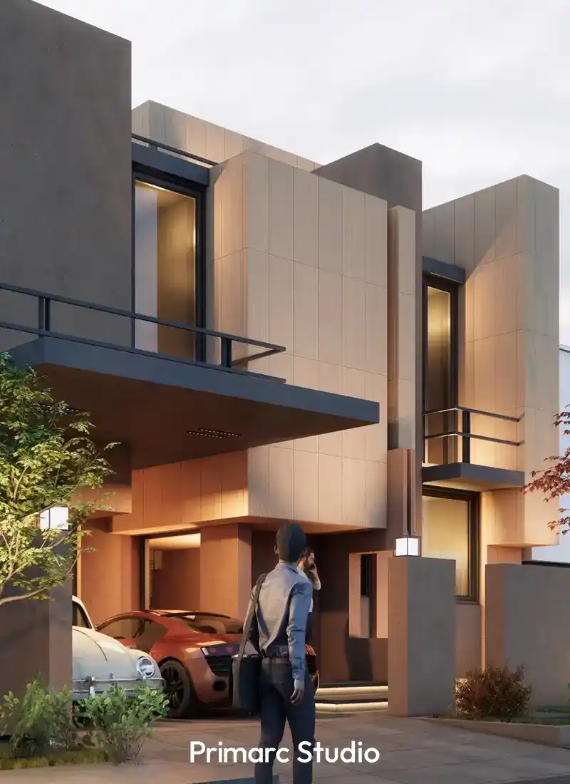 Wide street perspective of a modern luxury house in B-17 Islamabad, highlighting the contrast between beige stone and dark grey structural frames.