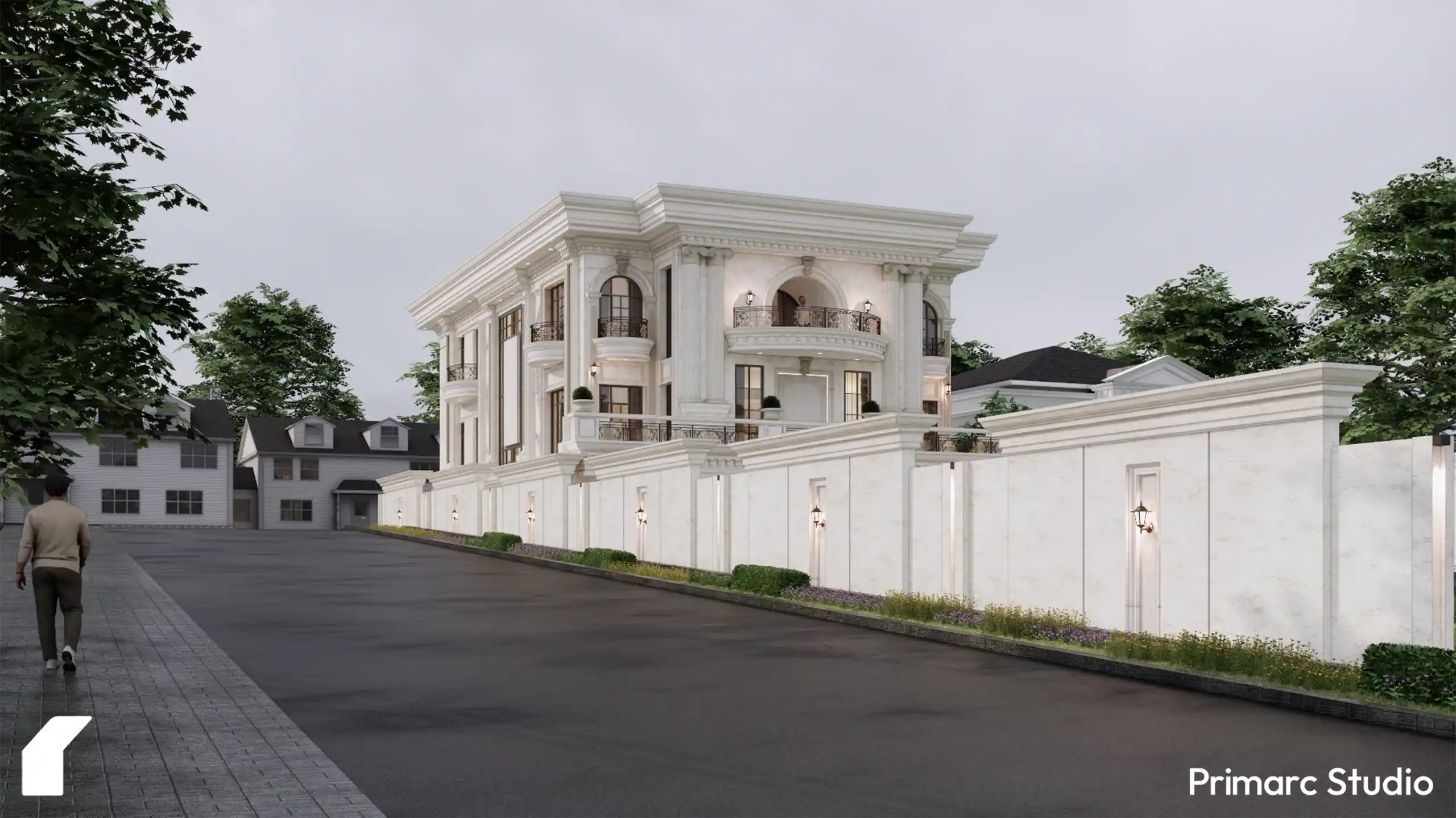 Wide perspective of Ghazi House by Primarc Studio, a double-plot residential project in B-17 with a unified classical design.