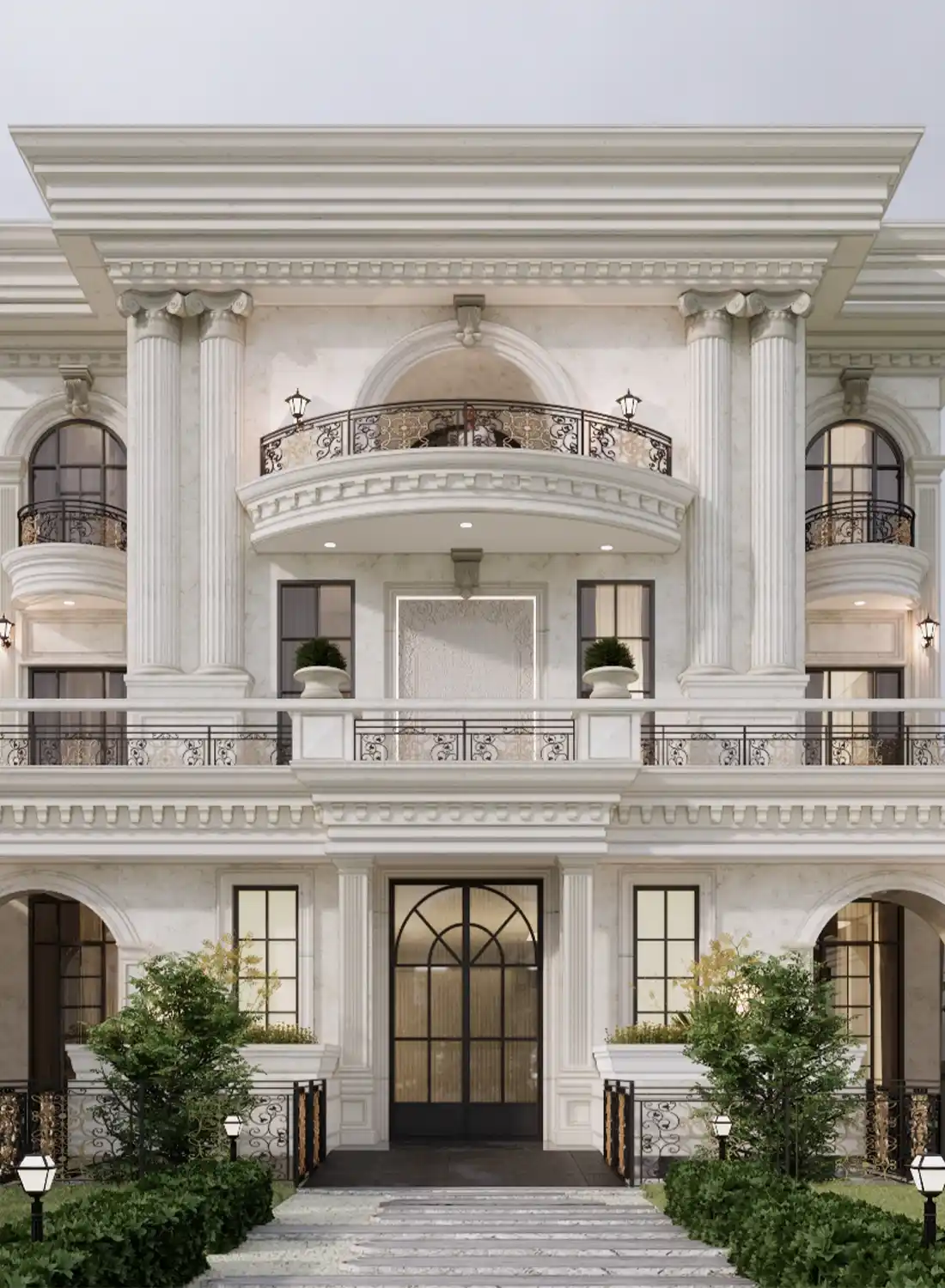 A grand neoclassical entrance in B-17 Islamabad featuring Ionic columns and a wheelchair-accessible main entry path.