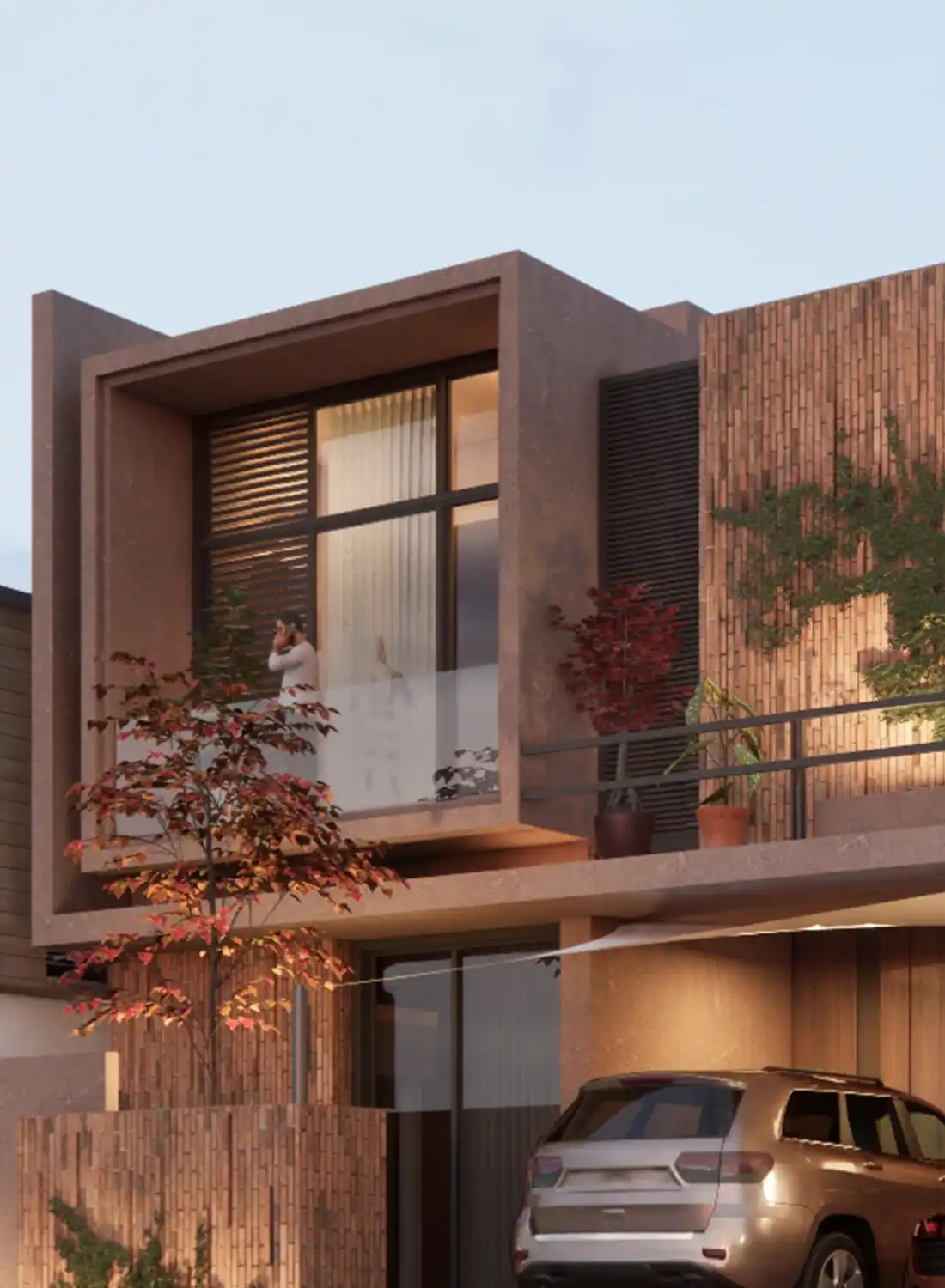 Close-up of a designer house balcony in B-17 Islamabad featuring vertical timber cladding and minimalist glass railings.