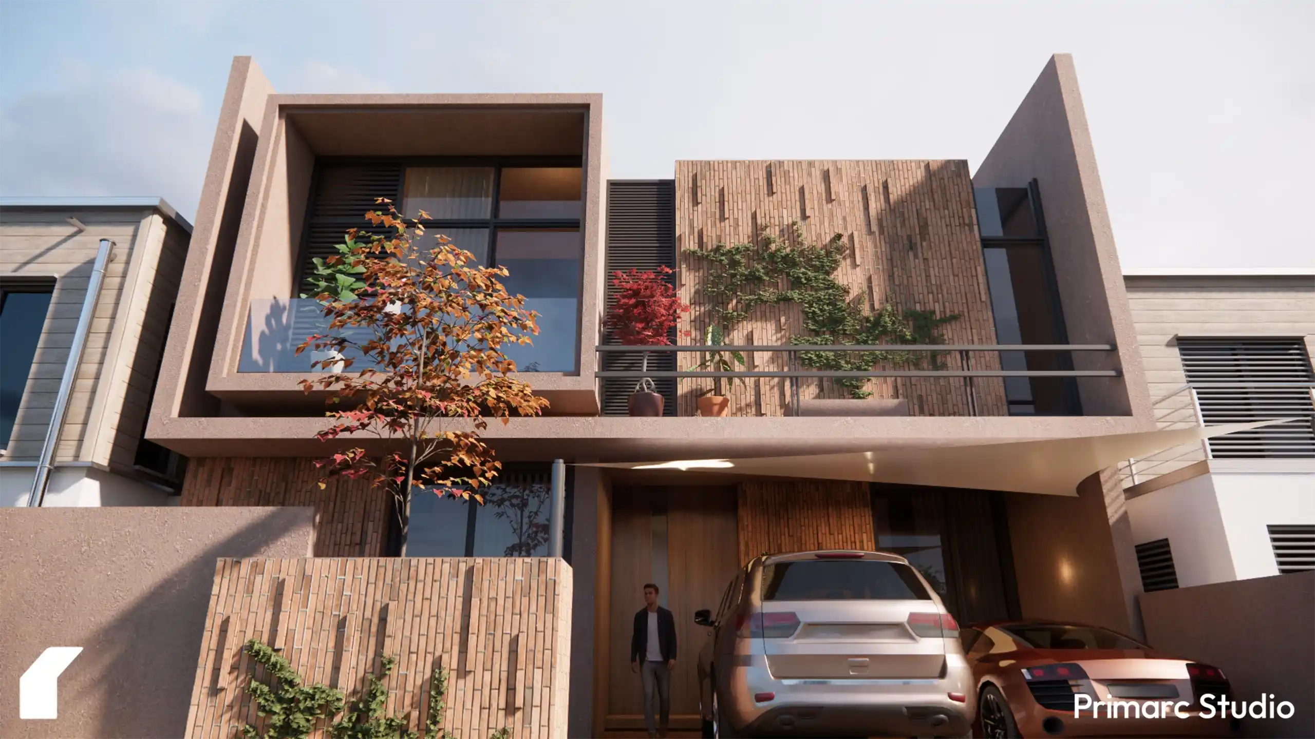 Full front elevation render of a contemporary 10 Marla designer house showing geometric concrete frames and brickwork.
