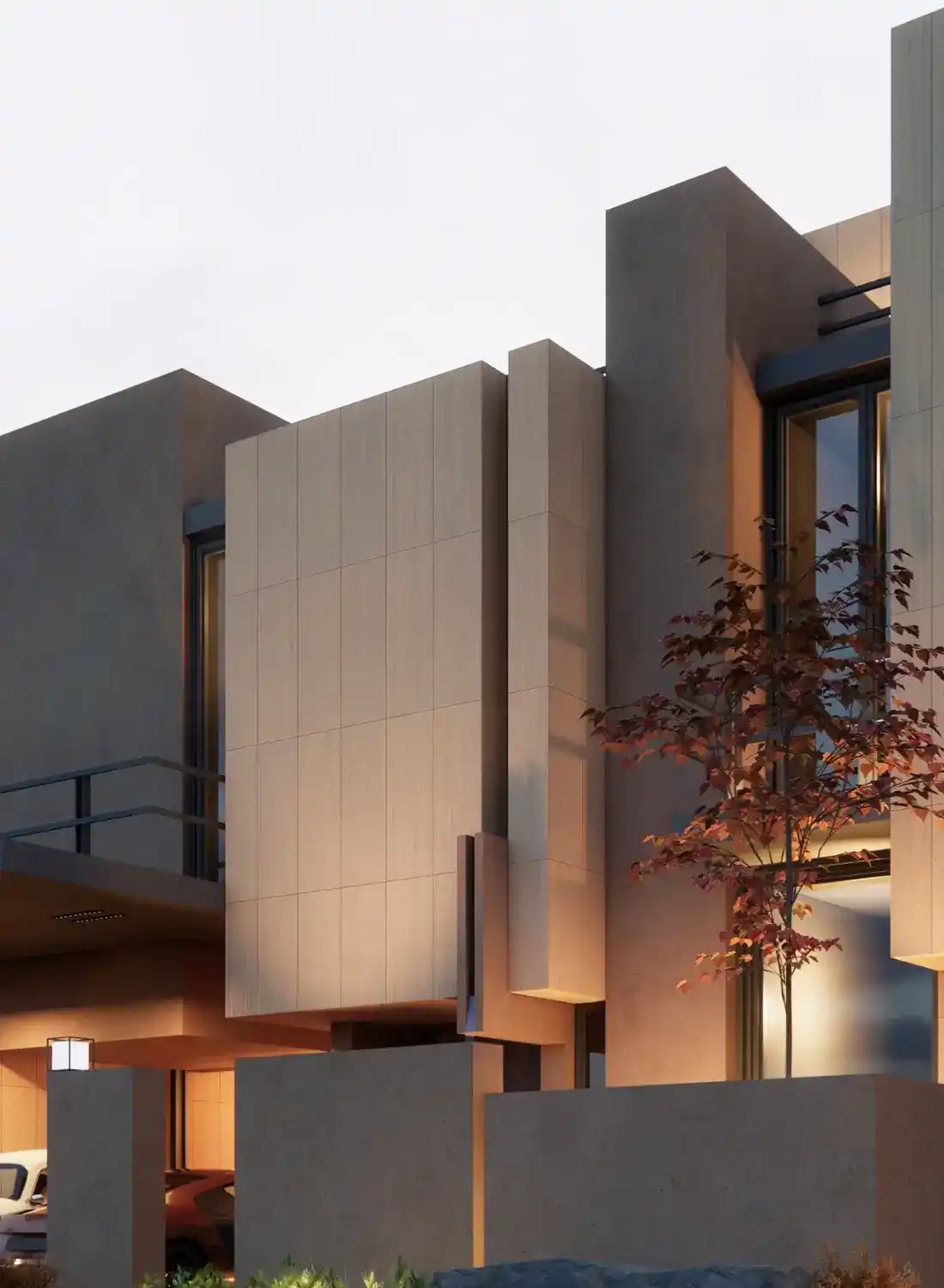 Vertical street view of a 10 marla modern house design showing a modular geometric facade with a vintage VW Beetle in the carport.