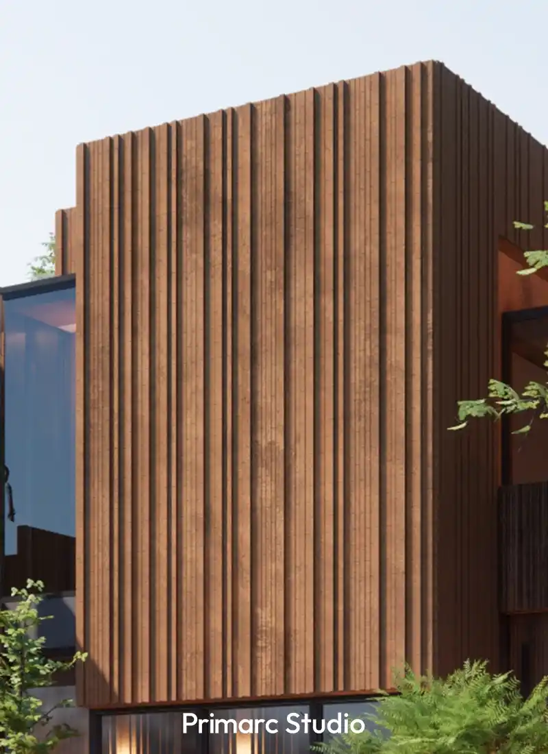 Close-up of vertical fluted brickwork texture on a contemporary residential building.