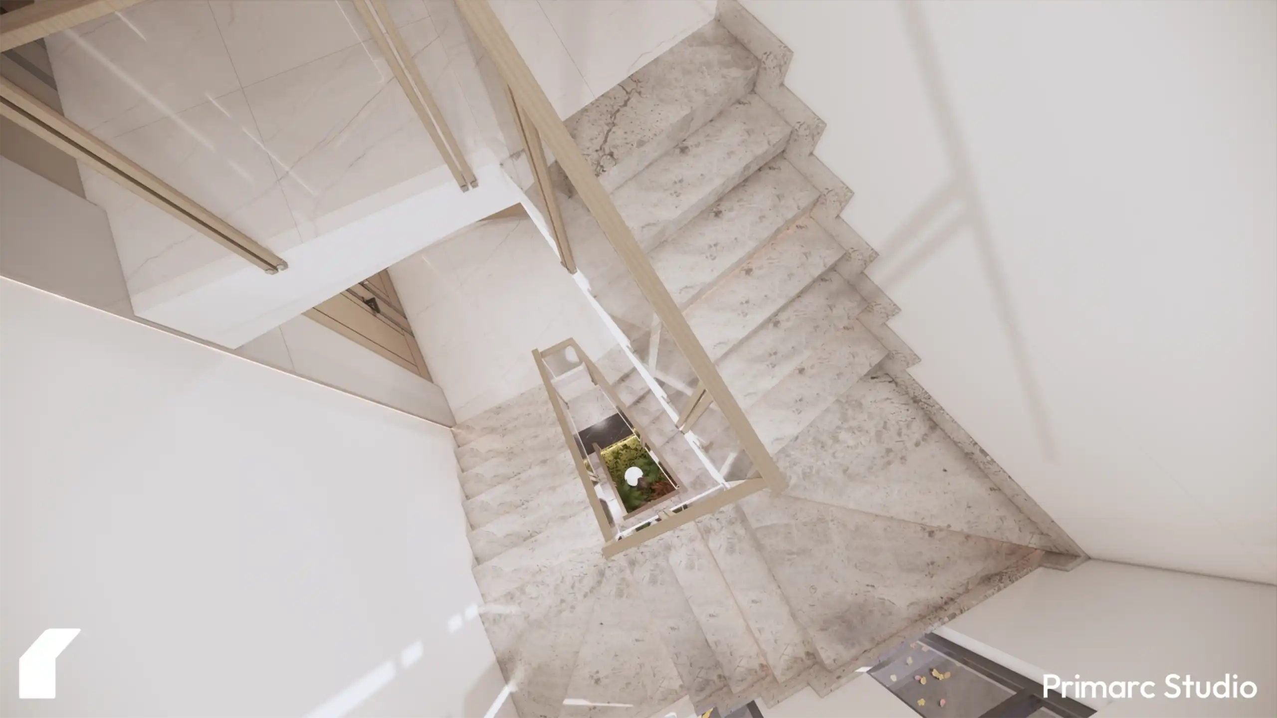 A dramatic top-down view of the marble staircase at Shaukat House, showing the geometric layout and the integrated indoor planter below.