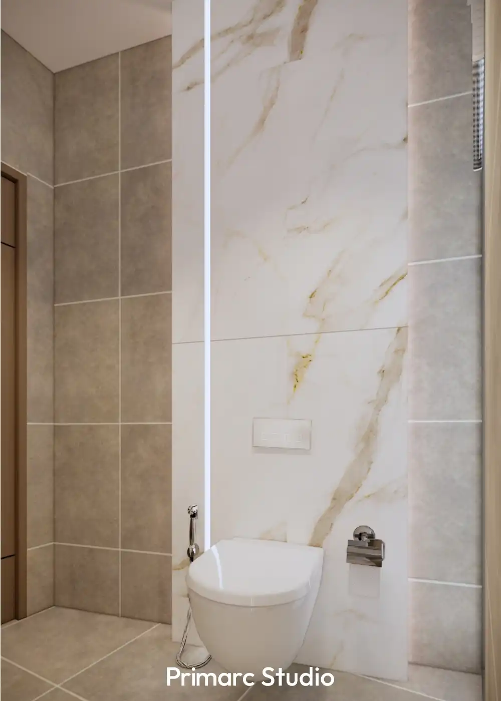 Detailed view of a white marble accent wall in a modern bathroom, featuring integrated vertical LED strip lighting and minimalist fixtures.