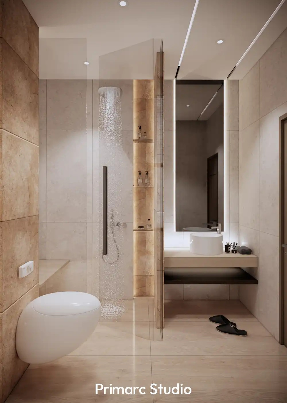 Luxury bathroom interior at Shaukat House featuring a backlit mirror, floating vanity, glass shower enclosure, and warm stone-textured walls.