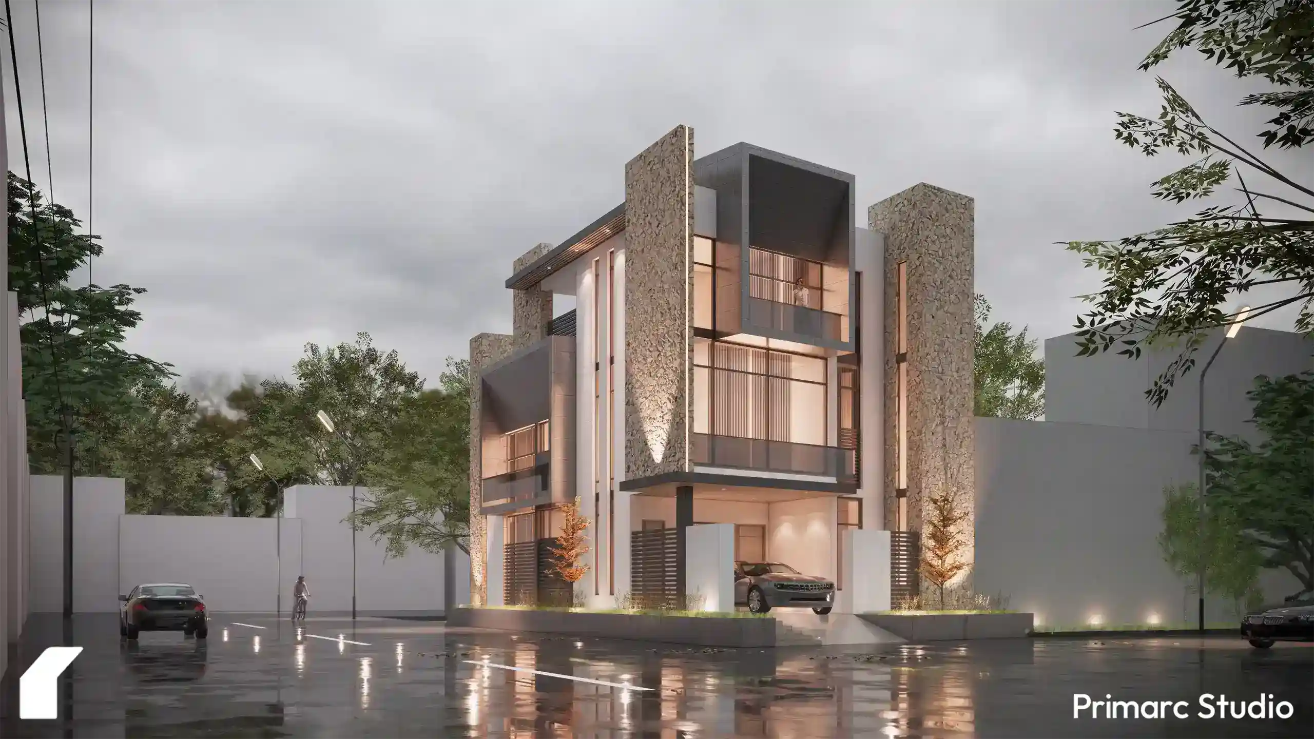 Dusk view of Shaukat House, a modern renovation project in Islamabad, highlighting the warm interior lighting through large glass windows.