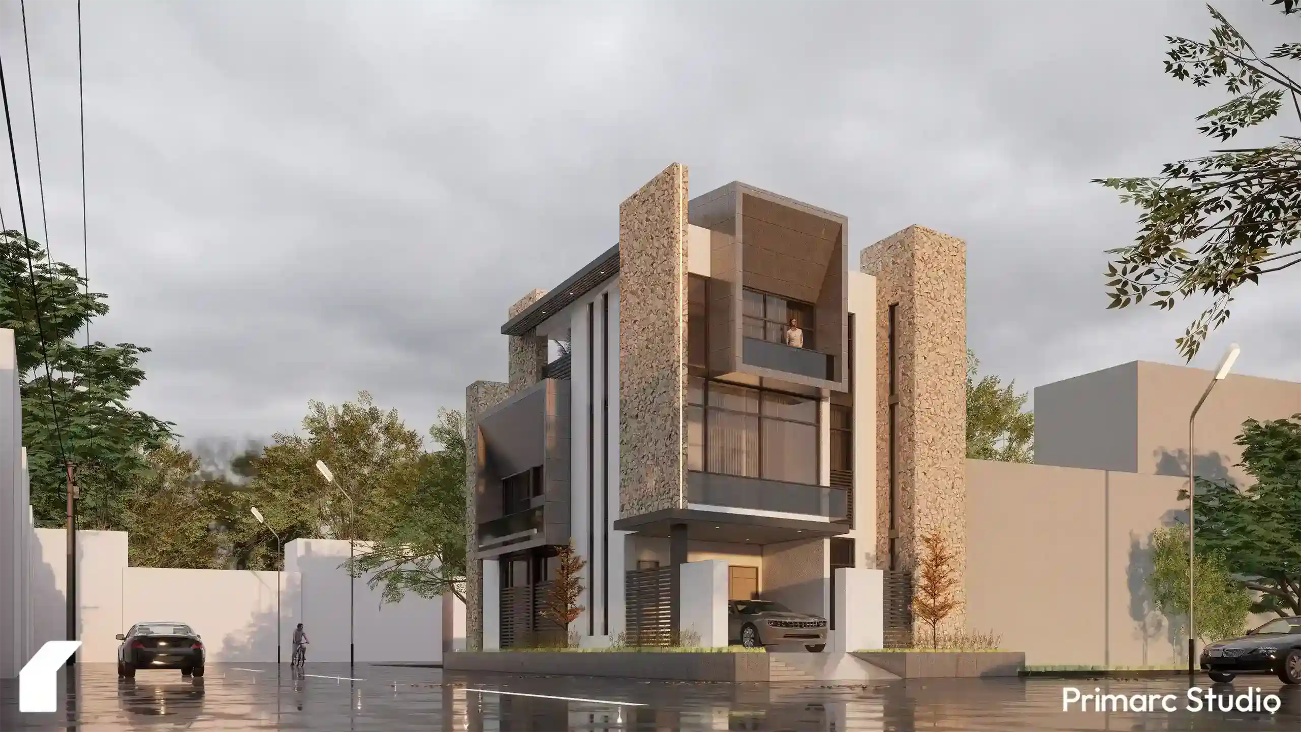 Wide-angle street view of Shaukat House renovation in Abdullah Garden, Islamabad, showcasing the modern stone facade and three-story architectural design.