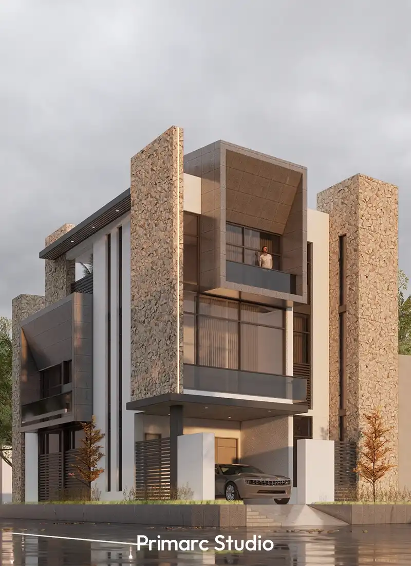 A stunning vertical view of Shaukat House in Islamabad featuring modern architectural renovation with yellow stone cladding and integrated facade lighting.