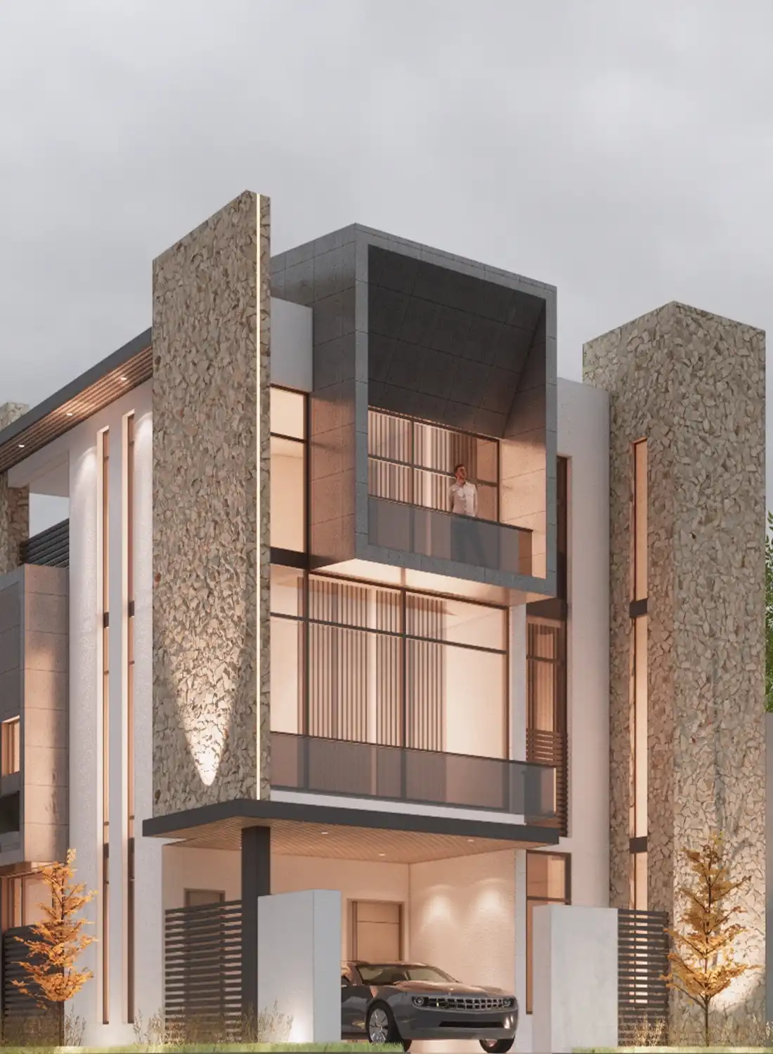 A stunning vertical view of Shaukat House in Islamabad featuring modern architectural renovation with yellow stone cladding.