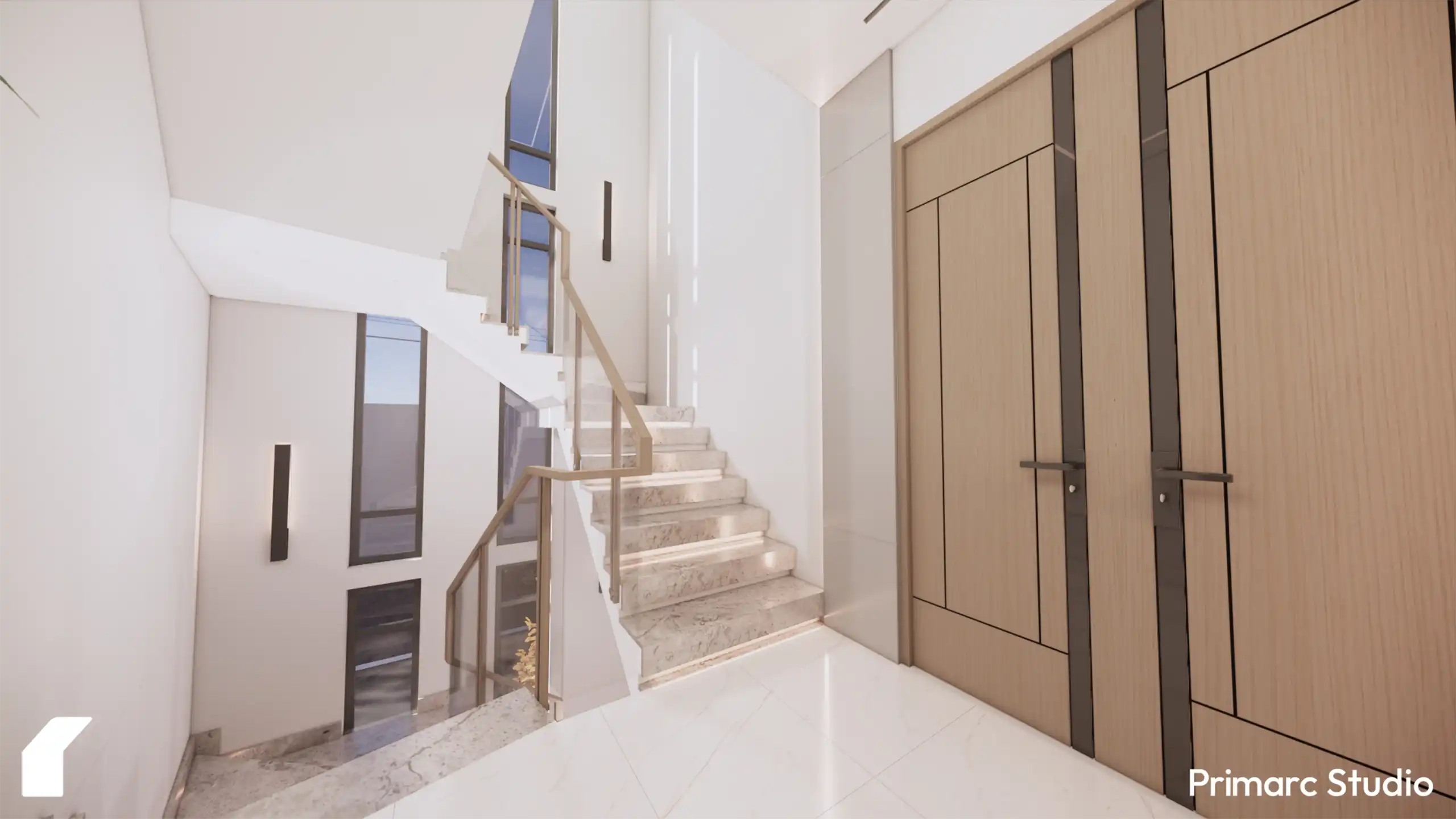 A bright staircase landing in Shaukat House, featuring marble steps, glass railings, and elegant vertical wall sconces in Islamabad.