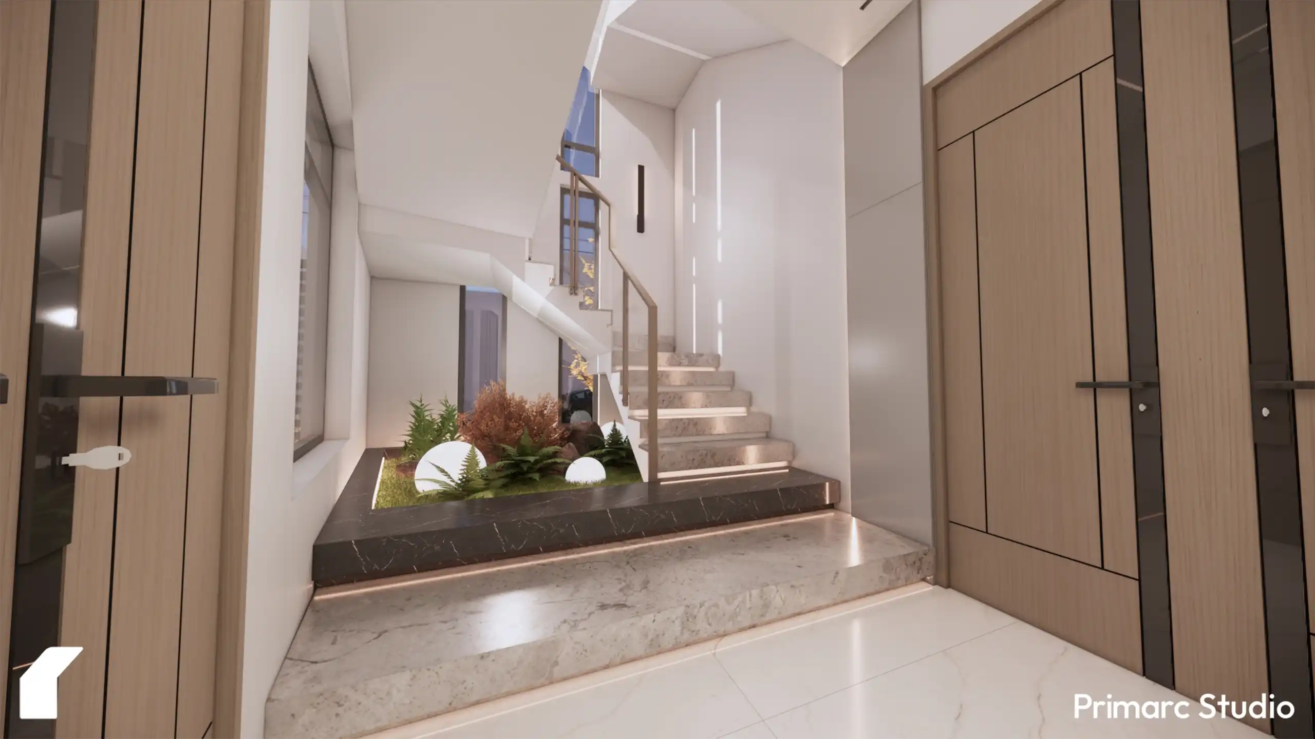 Modern marble staircase at Shaukat House featuring an integrated indoor planter with decorative orb lighting and lush greenery.