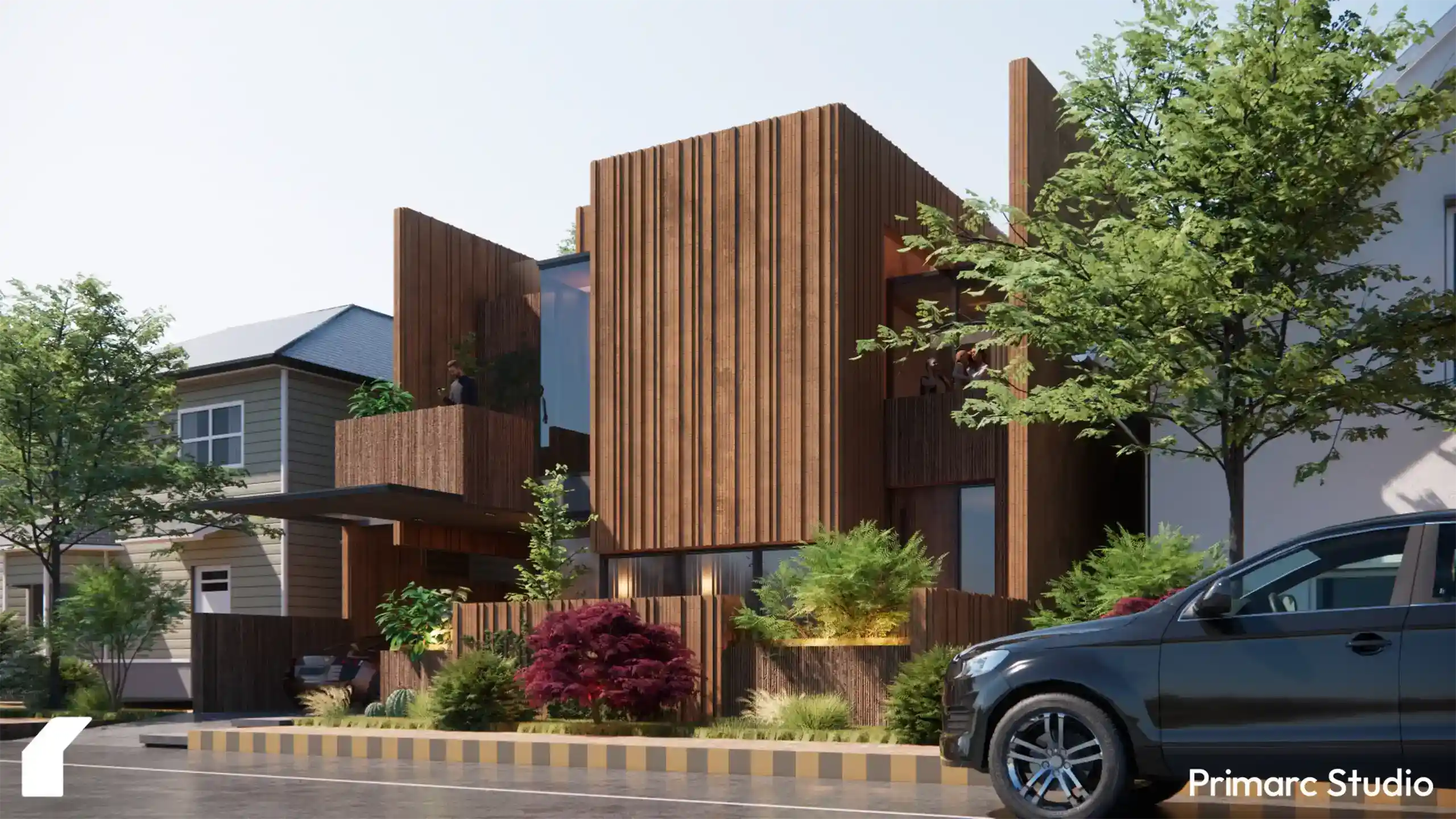 Full architectural exterior shot of SKCON House 02 featuring earthy brick tones and landscaping.