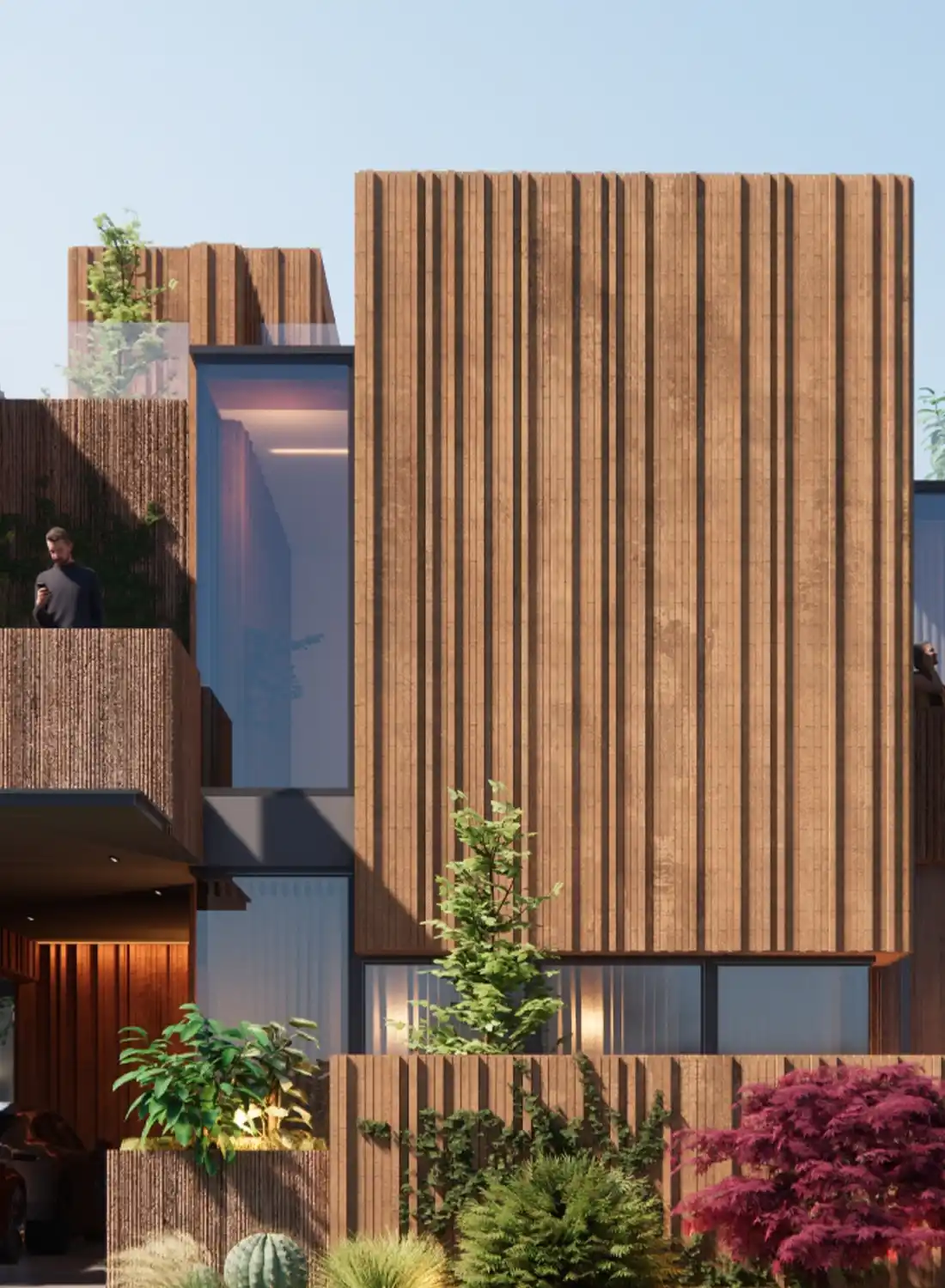 Detailed view of vertical brick gutka cladding on a modern house facade in Islamabad.